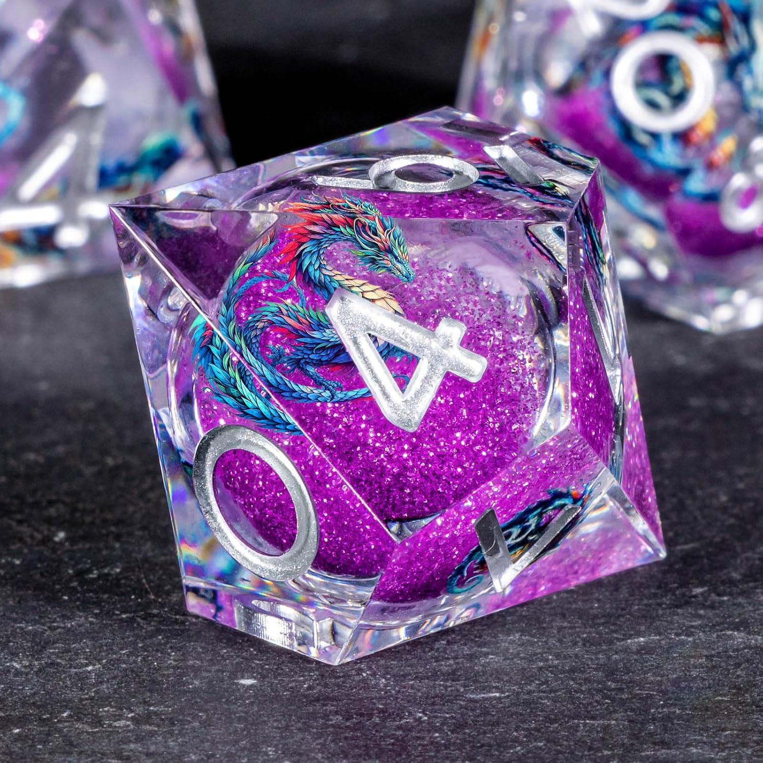 OUKELANWO Liquid Core Dragons Stickers DND Dice Set D&D, 7Pcs Dungeons D and D Role Playing Dice with Gift Box, Resin Sharp Edge Dice D20 D12 D10 D8 D6 D4, Purple White