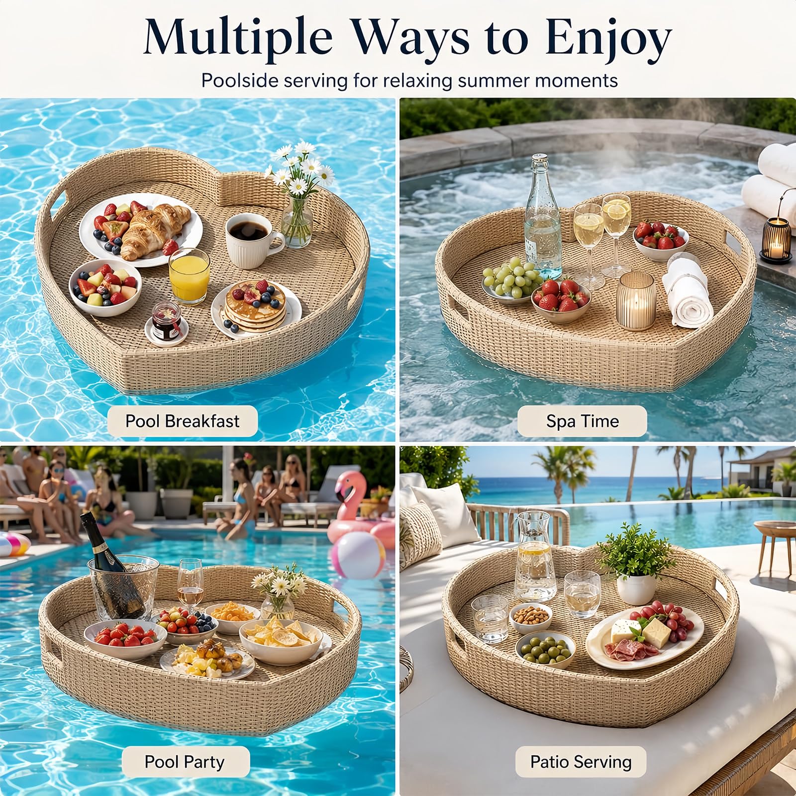 BANGBANGJI Bandeja Flotante Efecto Ratán para Resorts de Verano White | Bandeja flotante de ratán con acabado cuidado, espaciosa para bebidas, desayunos, fruta & accesorios