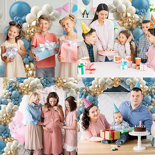 Miniatura 5 de Kit de guirnalda de arco de globos azul polvoriento, retro, azul polvoriento, blanco, arena, azul océano, cromado, champán, globos dorados para