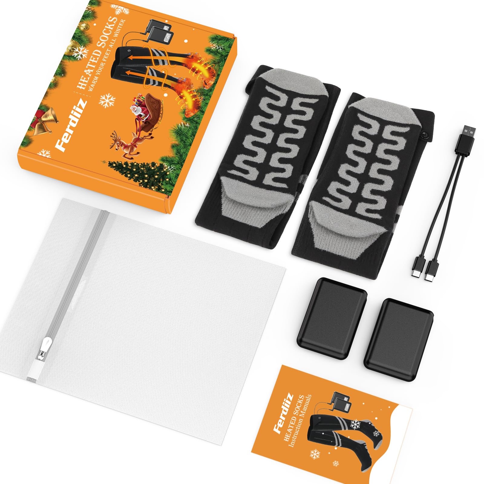 2023 Calze Riscaldate a Batteria Ferdiiz, 2 x 6000mAh/5V Max. 14 Ore Inverno Ricaricabili Calzini USB Riscaldati Scaldapiedi Elettrico Calze al ginocchio con 4 Temperature per l'intero Plantare