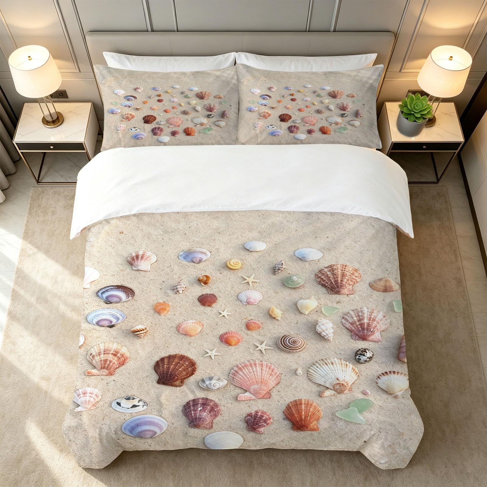 Parure Copripiumino Matrimoniale 220 x 240 cm Conchiglie e Stelle Marine Set Copripiumino Stampato Spiaggia Biancheria da Letto 3 Pezzi con Cerniera in Microfibra Morbida con 2 Federe
