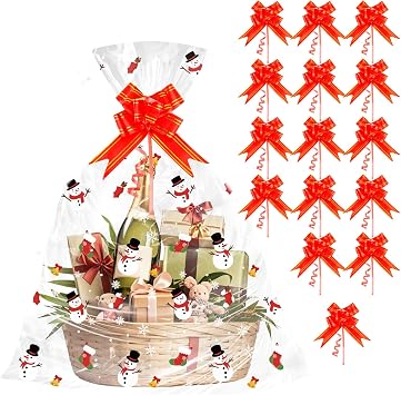 Christmas Cellophane Bags,20 x 28 Inch 15 Pcs Large Plastic Clear Gift Bags Cellophane Wrap for Gift Baskets, Christmas Gift Basket Bags with Red Twist Ties for Holiday Gift Cookie Wrap Party Favors