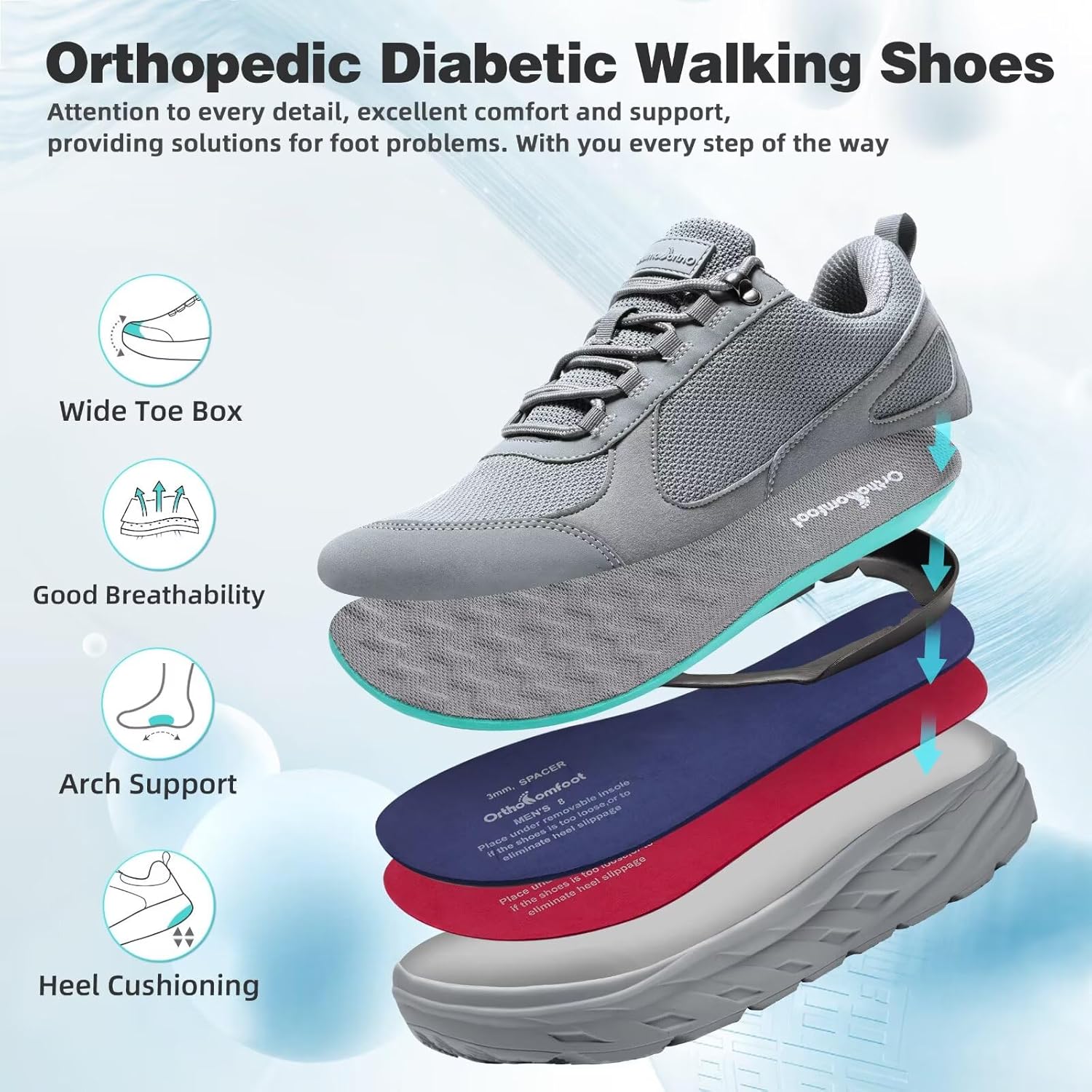 OrthoComfoot Men's Orthopedic Diabetic Wide Walking Shoes: Comfortable Plantar Fasciitis Fashion Sneakers with Arch Support for Swollen, Casual Hammer Toes Shoes for Foot and Heel Pain Relief - Image 2