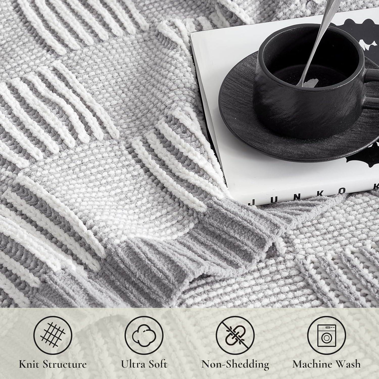 Amélie Home Checkered Knit Throw Blanket for Couch, Chenille Texture Decorative Soft Blanket for Sofa & Chair, 50"x60", Grey & White - Image 4