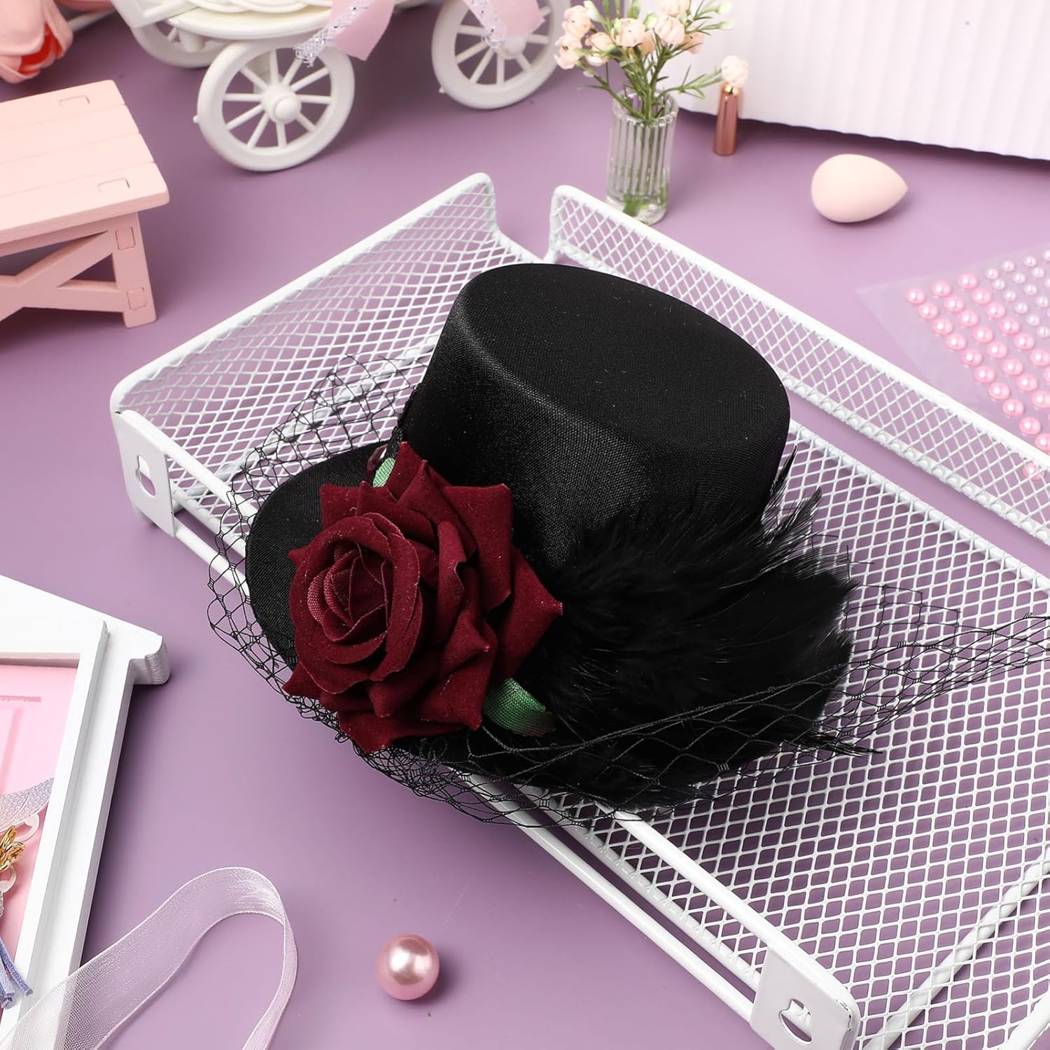 Retro Mini Top Hat with Red Rose - Veil Satin Fascinator Hair Clip for Vintage Halloween Costume & Party Hair Accessory - Image 9