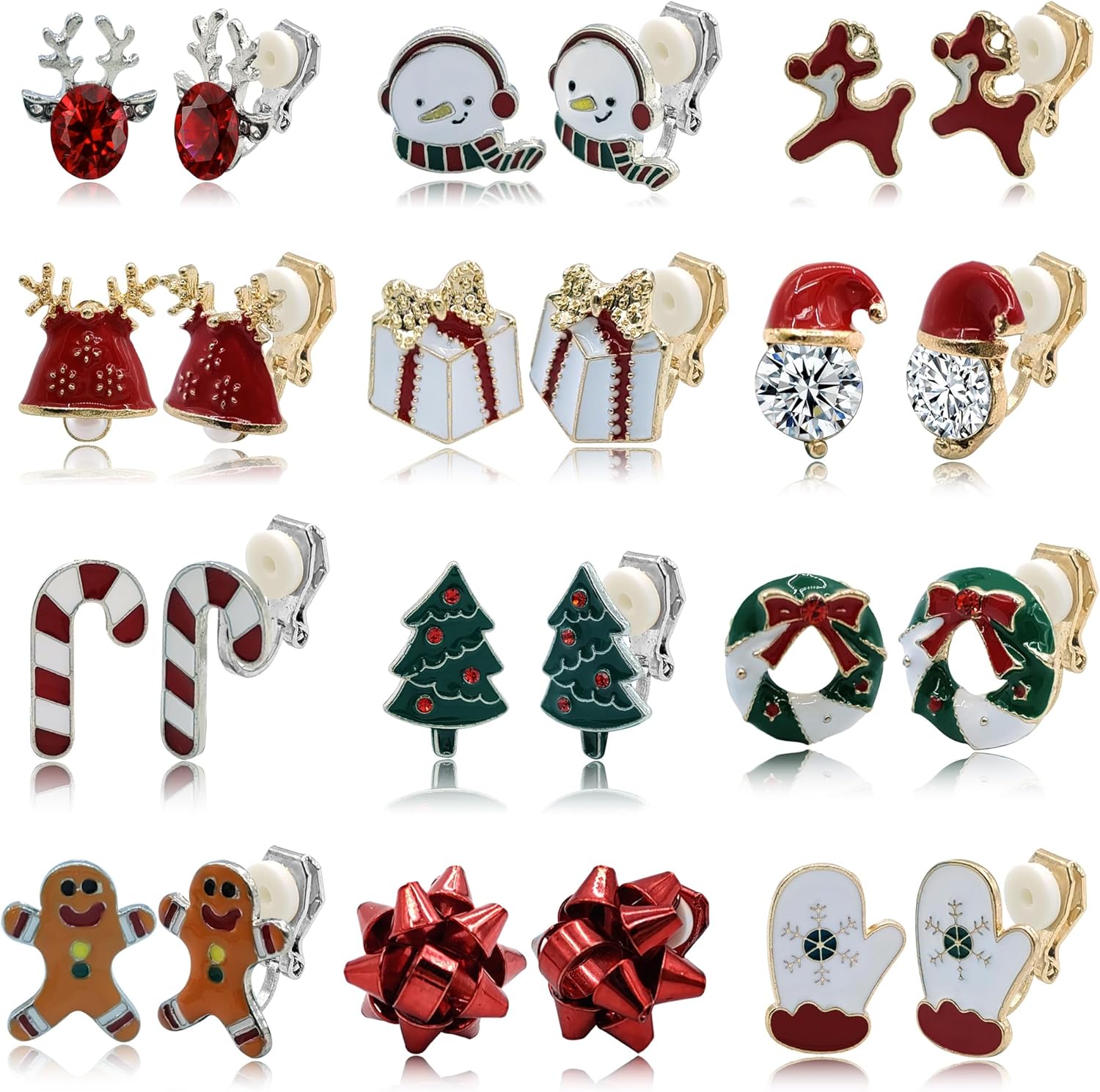 12 Pairs Christmas Clip on Earrings Cute Snowman Tree Moose Gloves Bells Socks Santa Festive Holiday Earrings Set