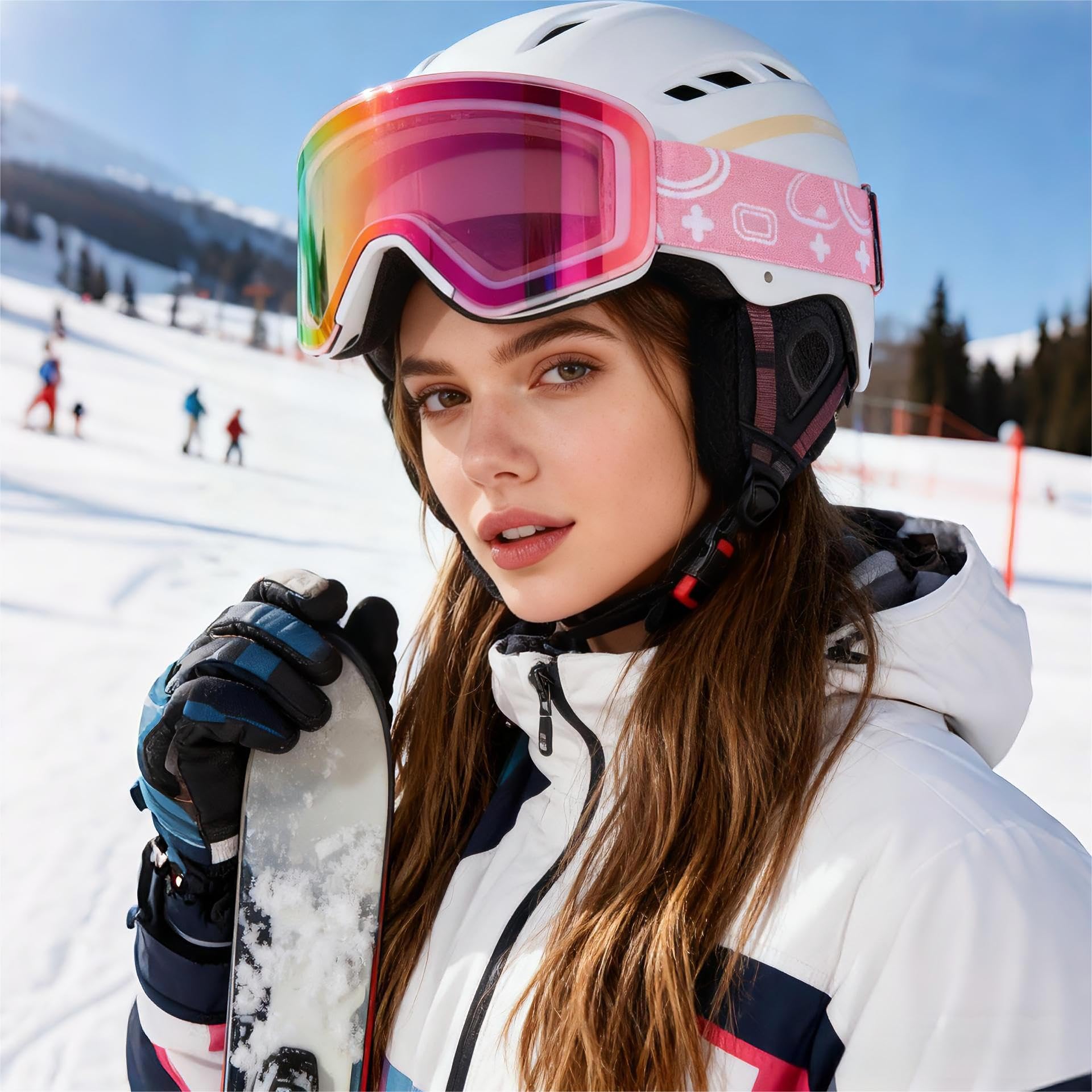 Gogle narciarskie, OTG, gogle snowboardowe, magnetyczne wymienne soczewki, ochrona przed promieniowaniem UV, przeciwmgielne, YH879B dla mężczyzn i kobiet (biała rama, pełna Revo Pink-VLT 16%)