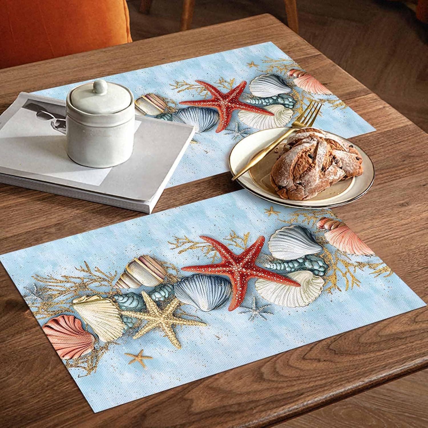 Summer Starfish Shell Coral Placemats Set of 6 Washable Table Mats for Kitchen Dining Table, Heat Insulation Cotton Linen Place Mats for Indoor Outdoor Parties Holiday Decoration, Blue Beach