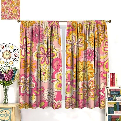 Miniatura 3 de Cortina hippie de mediados de siglo, flores con aspecto de margaritas en estilo abstracto, ondas, retro, años 60, 70, patrón impreso, cortinas de