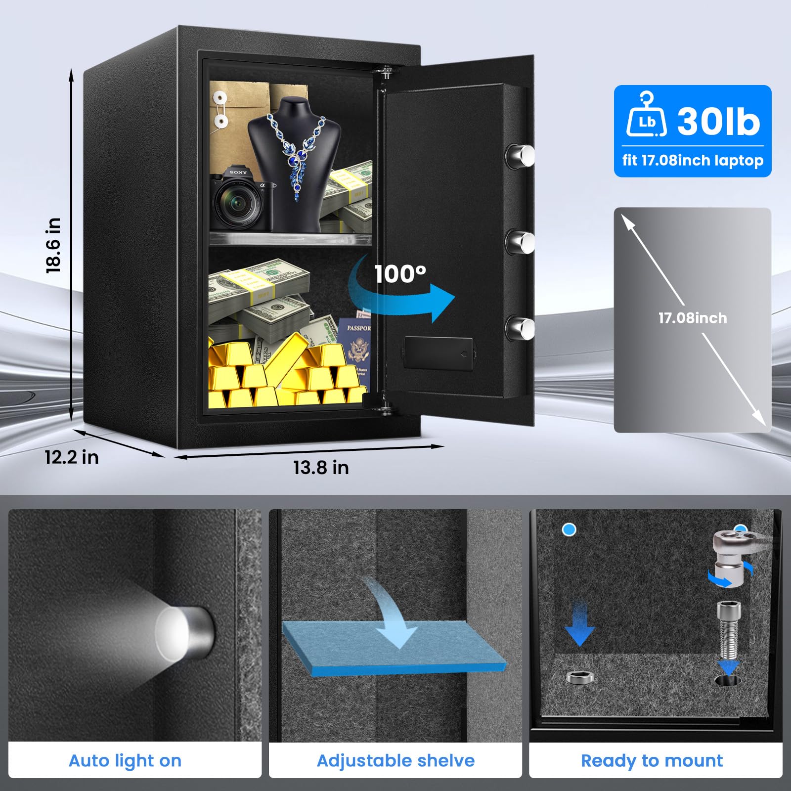 Caja fuerte ignífuga impermeable para el hogar, caja de seguridad digital electrónica de acero, caja de seguridad personal con sensor de luz LED y compartimento de alimentación externo para