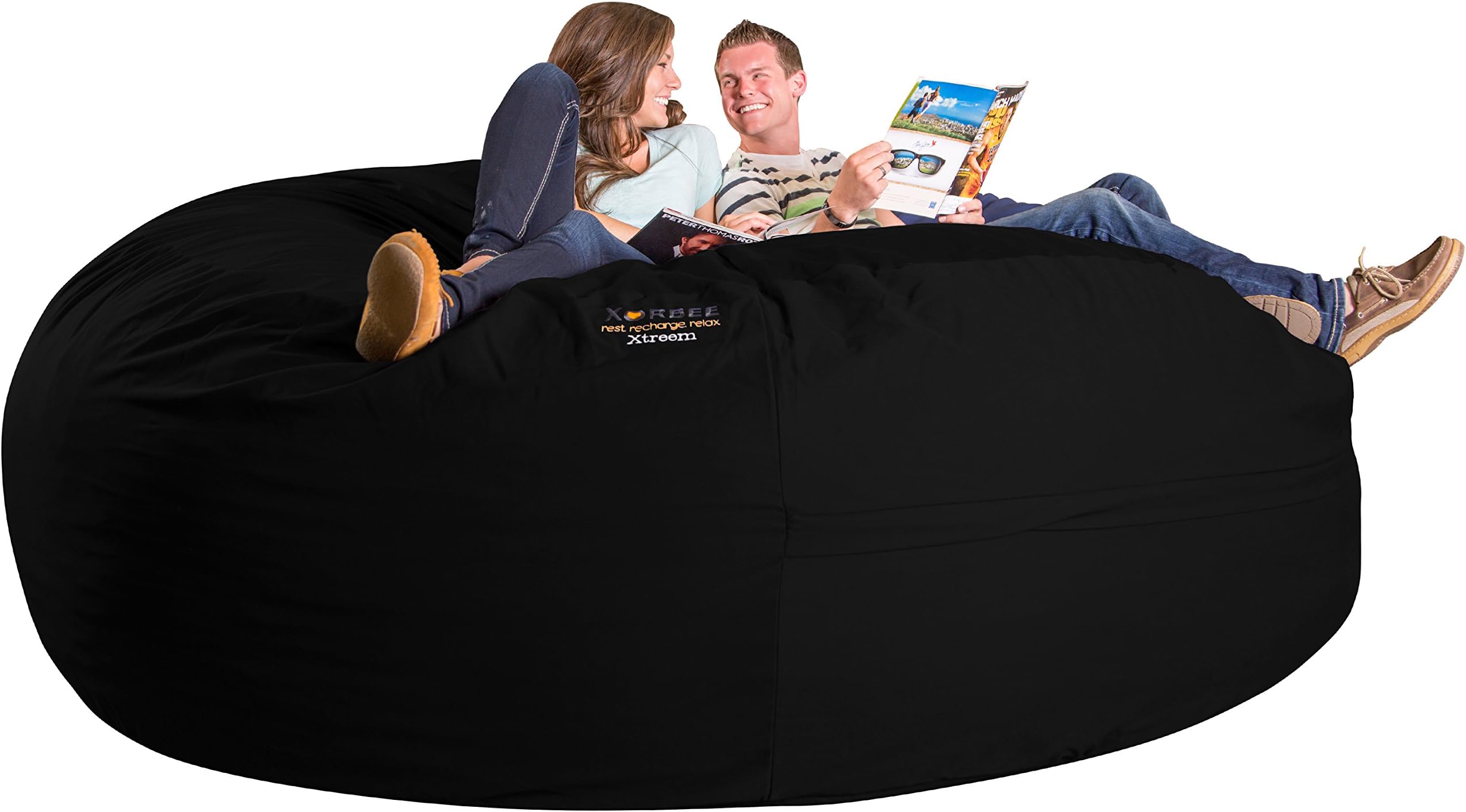 8-Foot Foam-Filled Bean Bag Chair in Twill, Midnight Black