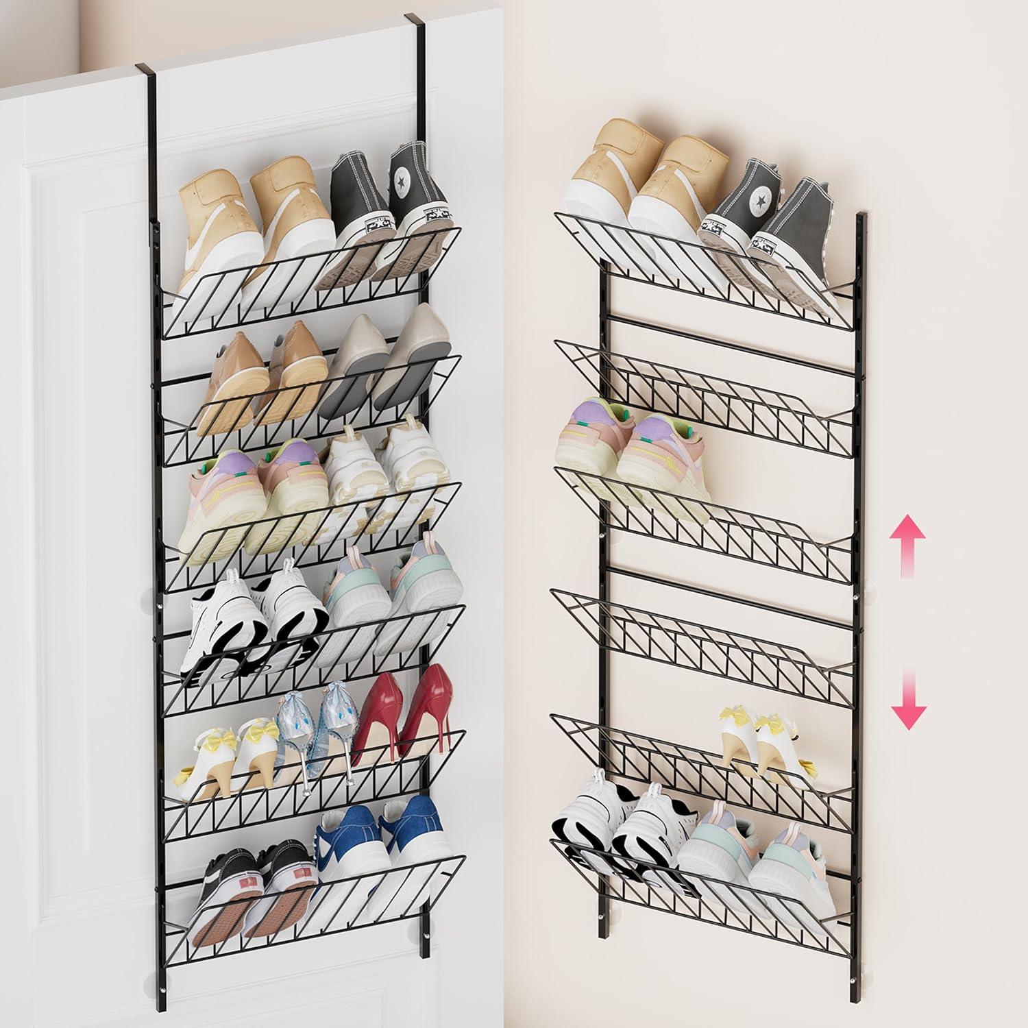 SWTYMIKI Over The Door Shoe Organizer - Adjustable 6 Tier Hanging Shoe Rack Organizer, Metal Heavy Duty Behind Door Storage or Wall Mount Shoes Shelf for Flats, Heels, Sneakers, Boots