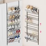SWTYMIKI Over The Door Shoe Rack - Adjustable 4 Tier Hanging Shoe Organizer, Metal Heavy Duty Behind Shoe Storage or Wall Mount Shoes Shelf for Flats, Heels, Sneakers, Boots