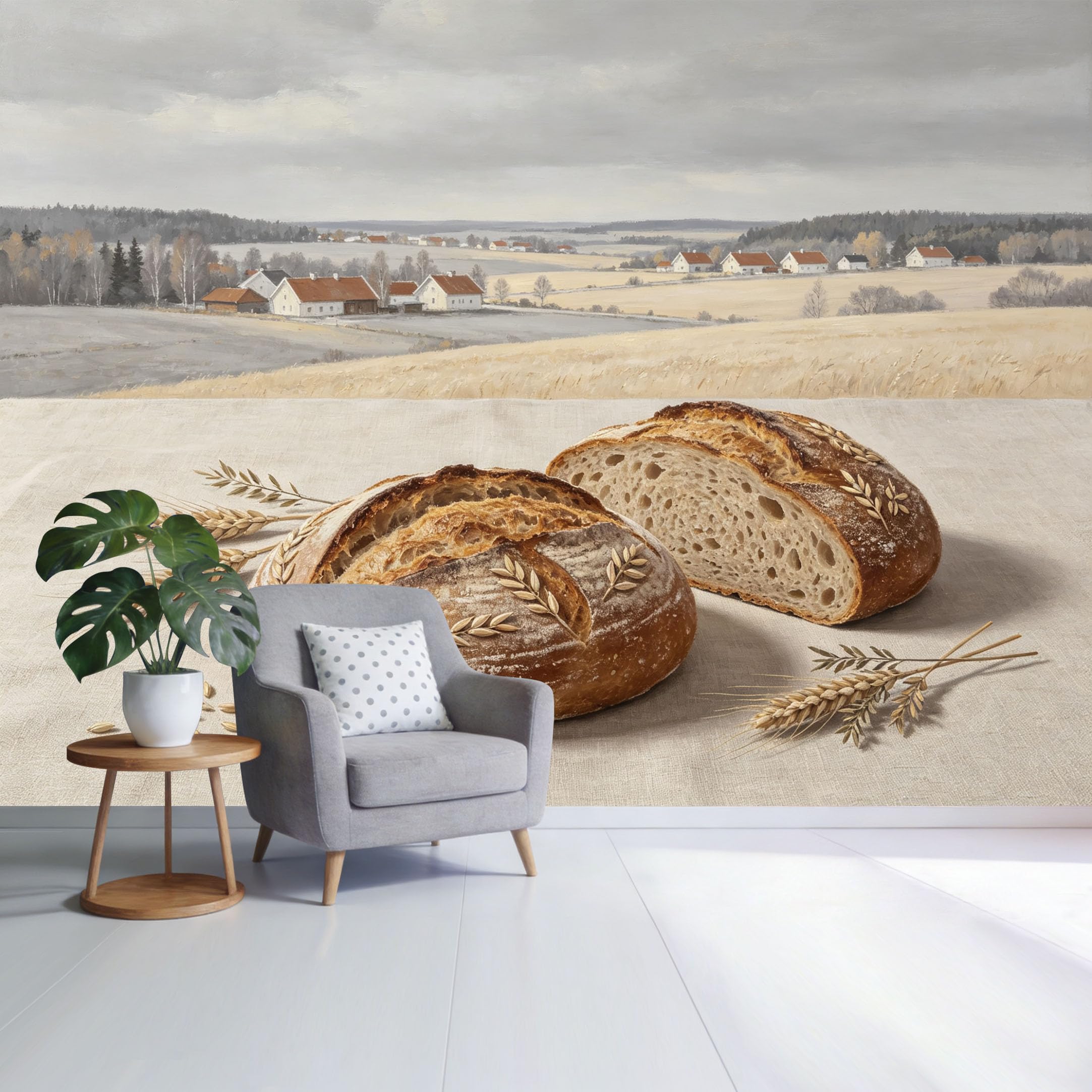 Custom Size Wall Mural Rustic Bread Loaf with Wheat Ears Countryside Landscape Farmhouse Style SelfAdhesive Wall Fabric Removable Wallpaper for Home Office Decor