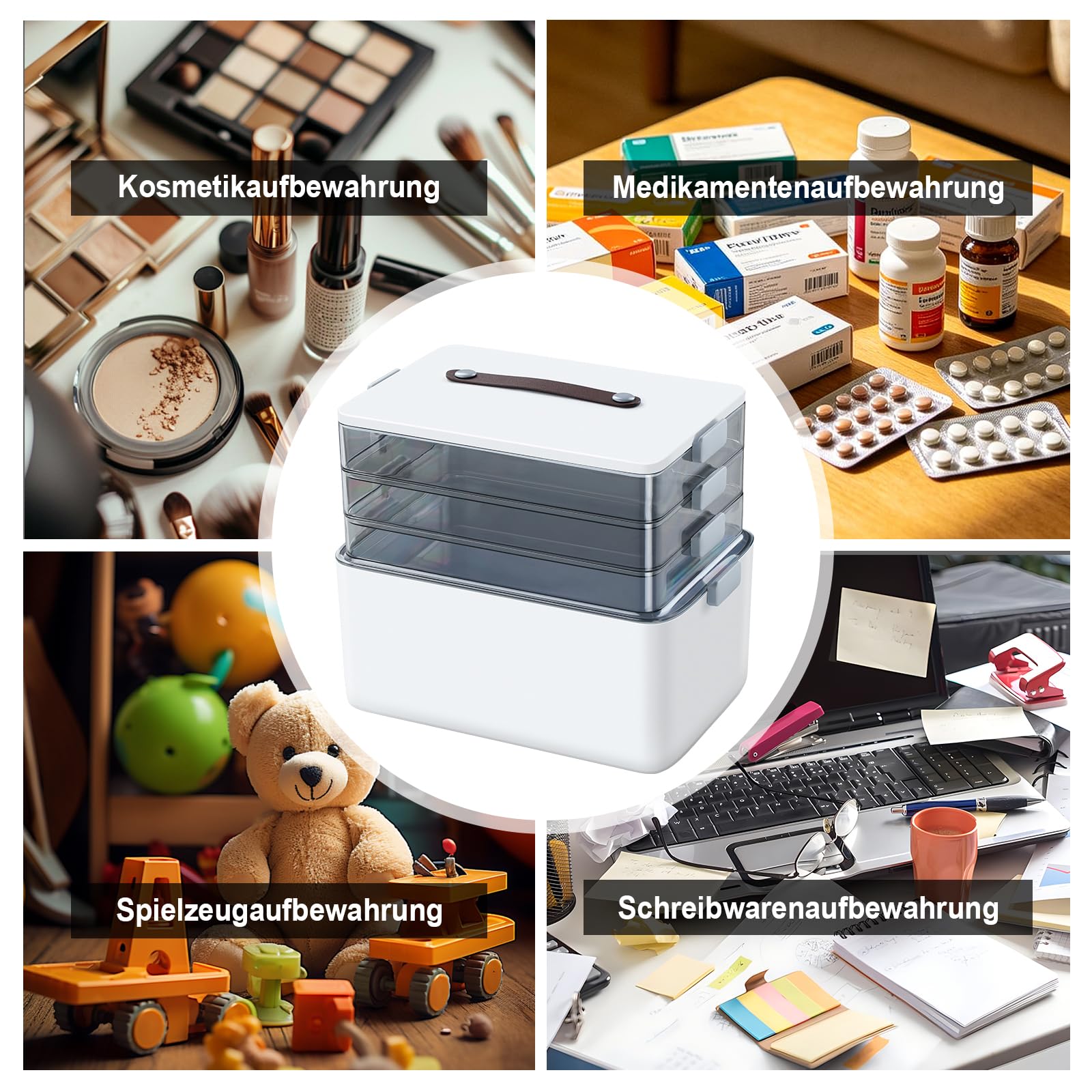 IMHO Caja organizadora de medicamentos de 4 niveles, organizador portátil con mango de piel, estuche de almacenamiento para hogar, hobby, accesorios de costura y suministros de manualidades