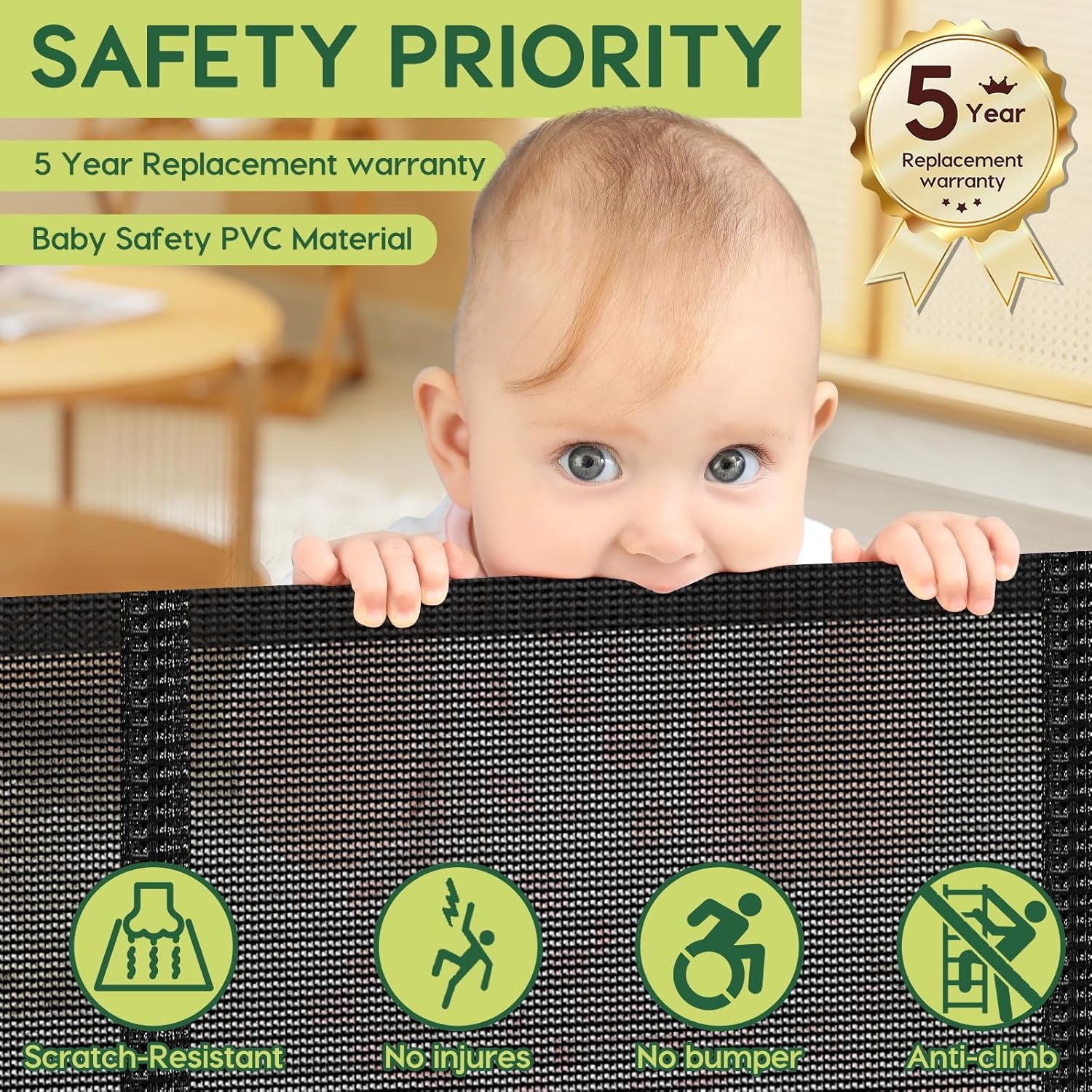 Reinforced 55 Wide Retractable Baby Gates with Reinforced Strips, Indoor/Outdoor Retractable Dog Gate for Doorway Prevent Bottom Drilling Through, No Bottom Bar Safety Mesh Baby Gate for Stair, Black