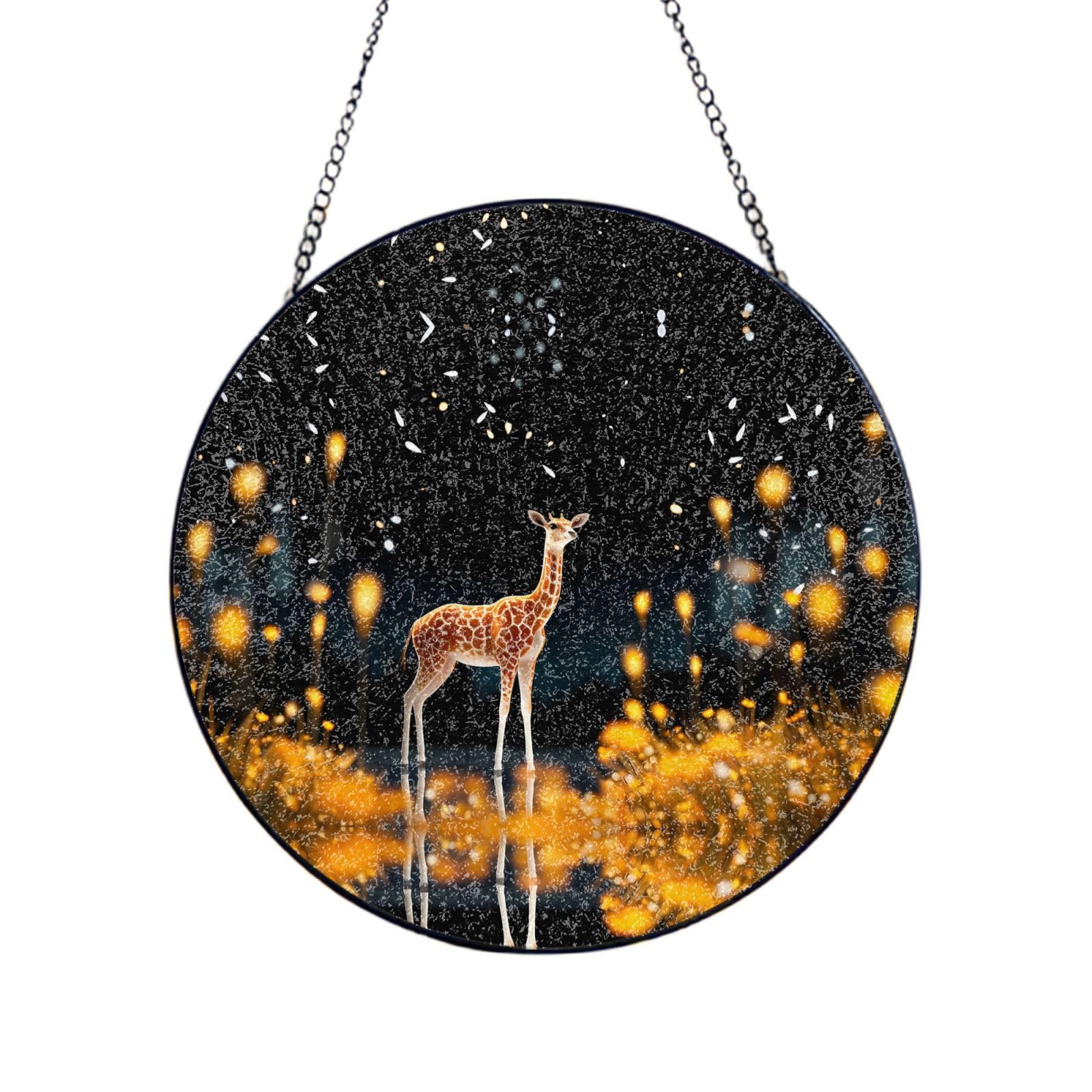 Phayah Sunset Giraffe Print Glass Window Hanging Round Suncatcher Glass Ornament Garden Wall Fence Decorations Indoor Outdoor 6in（15cm）