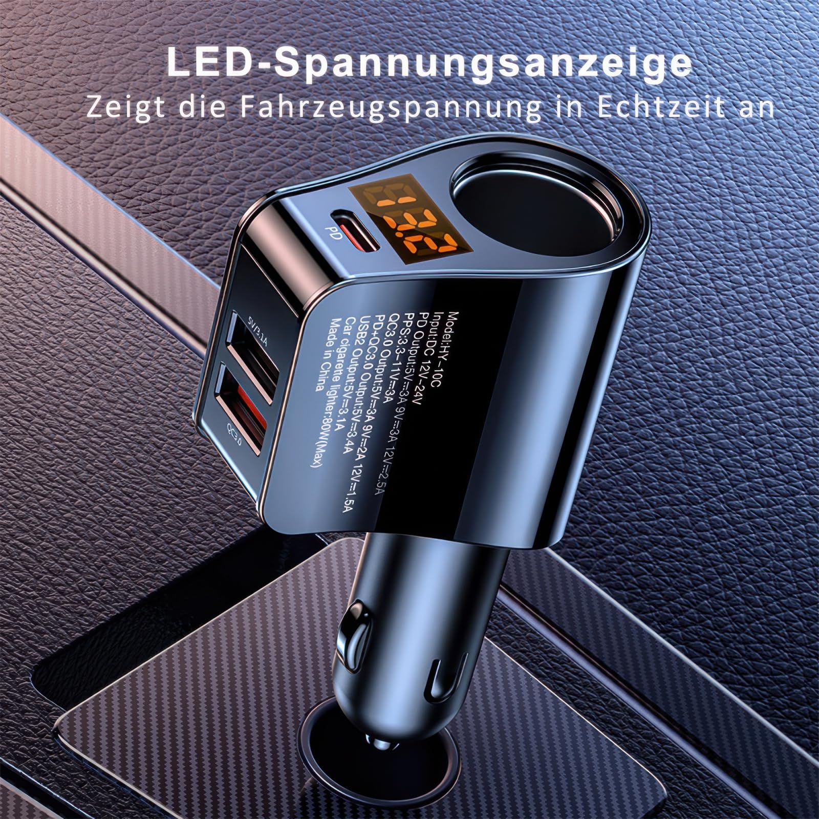Rozdzielacz zapalniczki samochodowej 4 w 1, USB C 128 W, ładowarka samochodowa, adapter do szybkiego ładowania, gniazdo ze wskaźnikiem napięcia do iPhone Samsung, Huawei, GPS, kamera