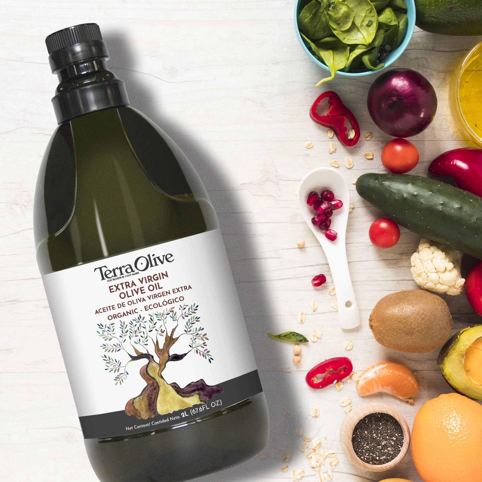 TERRAOLIVE - Huile d'olive extra vierge biologique, Variété d'olives, Huile de cuisson, Variété d'olives, Corps lisse, Provenance Espagne, Montes de Toledo, Récipient PET recyclé - 2L