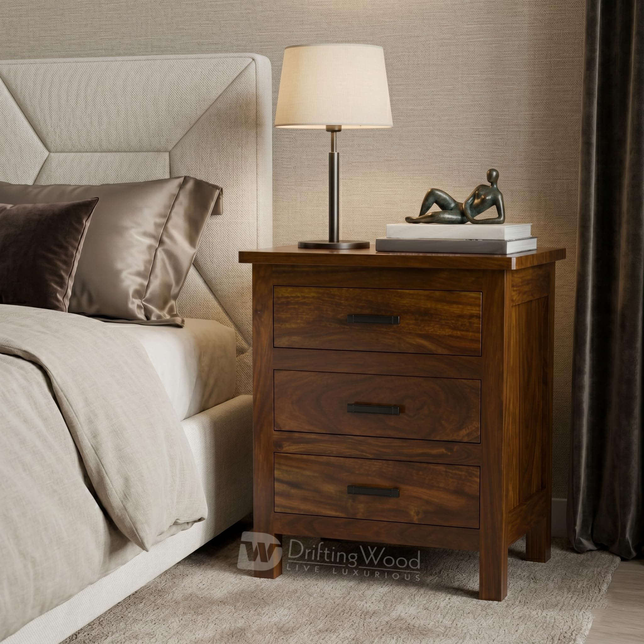 DRIFTINGWOOD Roovi Solid Sheesham Wood Bedside Table with 3 Drawers | Wooden Nightstand & Side Table for Bedroom (Walnut Finish)-image-20