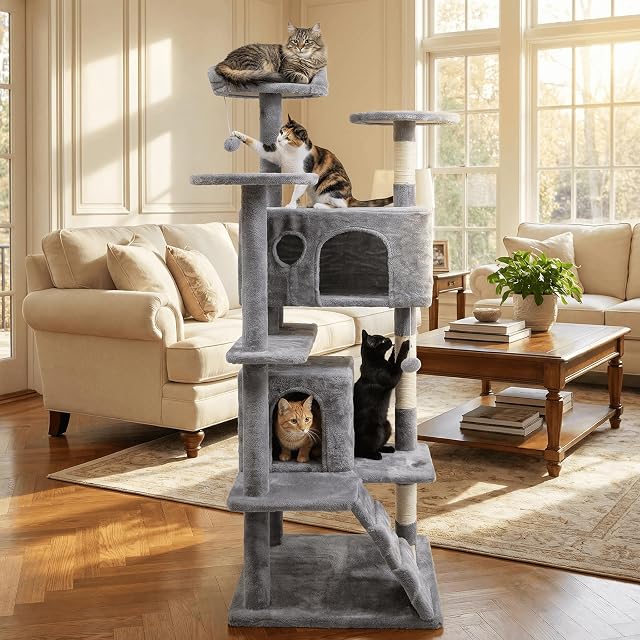 Foto 2 de 8 de Árbol Rascador para Gatos BIMBI de 138 cm CASA basics, Torre Multi-Nivel con Cuevas, Plataformas, Hamaca…
