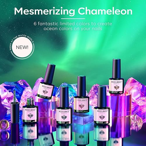 Miniatura 2 de Modelones - Esmaltes en gel estilo camaleón, para manicura en casa o salón con LED, 6 colores de aurora con purpurina para otoño e invierno, azul,