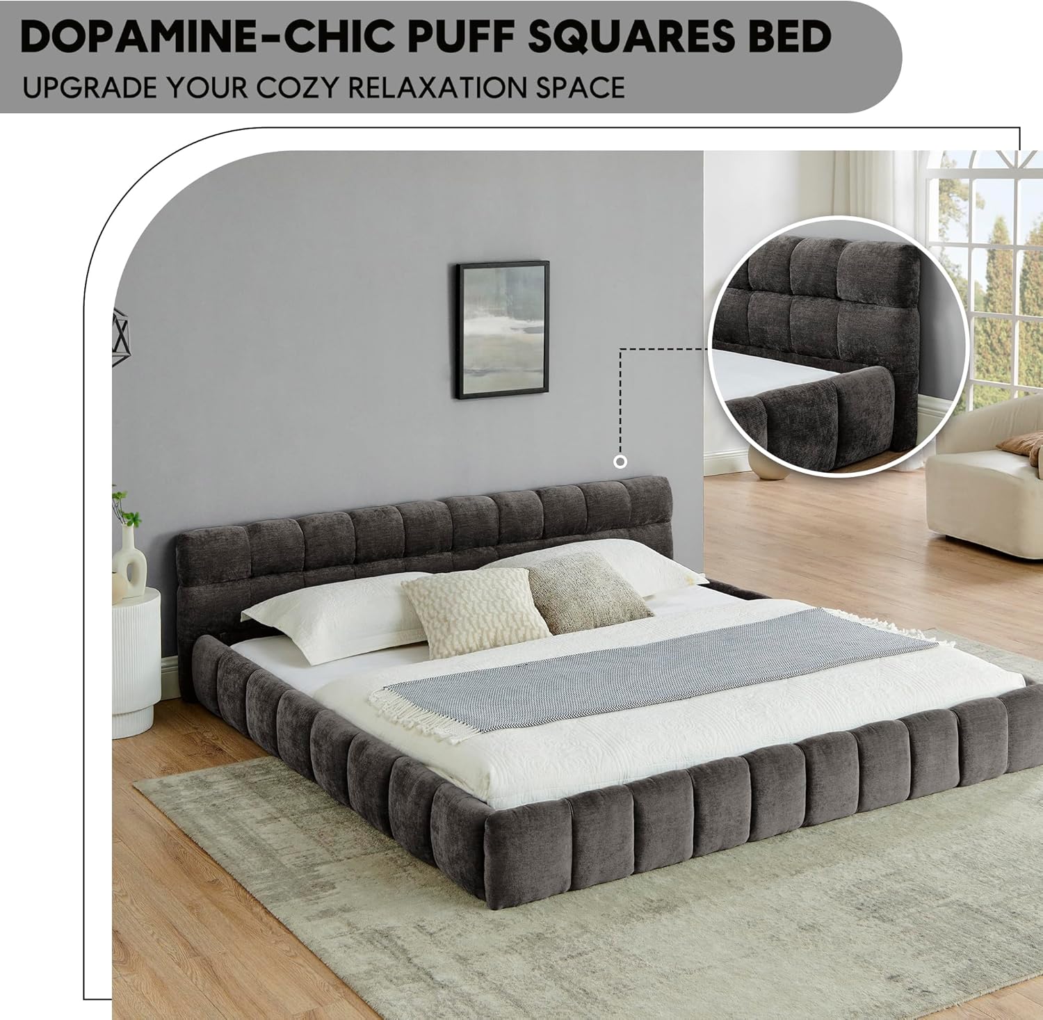 King Grounded Bed Frame with Headboard, Thick Fabric Chenille Upholstered Platform Floor Bed with Sturdy Slats, No Box Spring Needed, Easy Assembly, Dark Gray