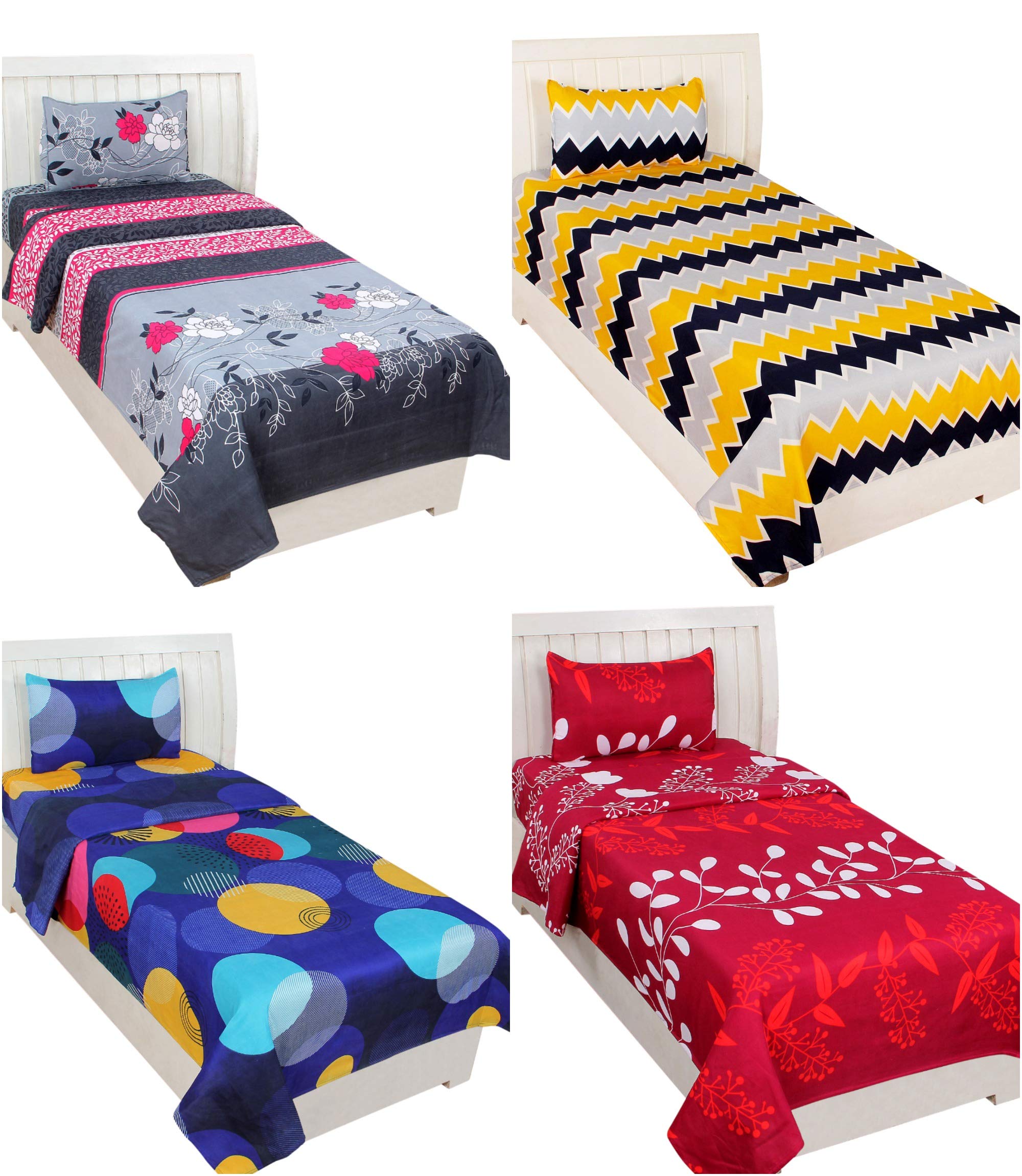 Luxury Trends Glace Cotton Feel 144 TC Flower Printed 4 Single Bedsheet with 4 King Size Pillow Covers, (90X60 Inches, for Single Multicolor)