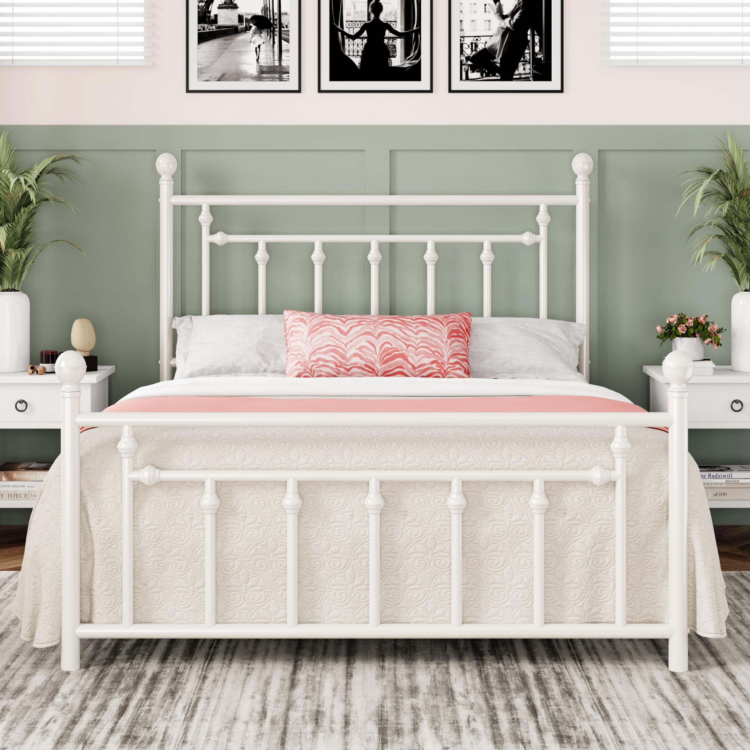 14 Inch Full Size Metal Platform Bed Frame with Victorian Vintage Headboard and Footboard/Mattress Foundation/Under Bed Storage/No Box Spring Needed/Easy Assembly/Noise Free/White