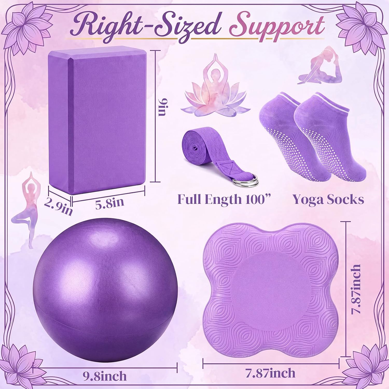9 Pcs Yoga Set with EVA Foam Yoga Blocks Brick Tpe Cushion Knee Pads Strap Non Slip Socks Sport Ball Drawing Bag, Portable Fitness Equipment for Studio Gym Home Sport