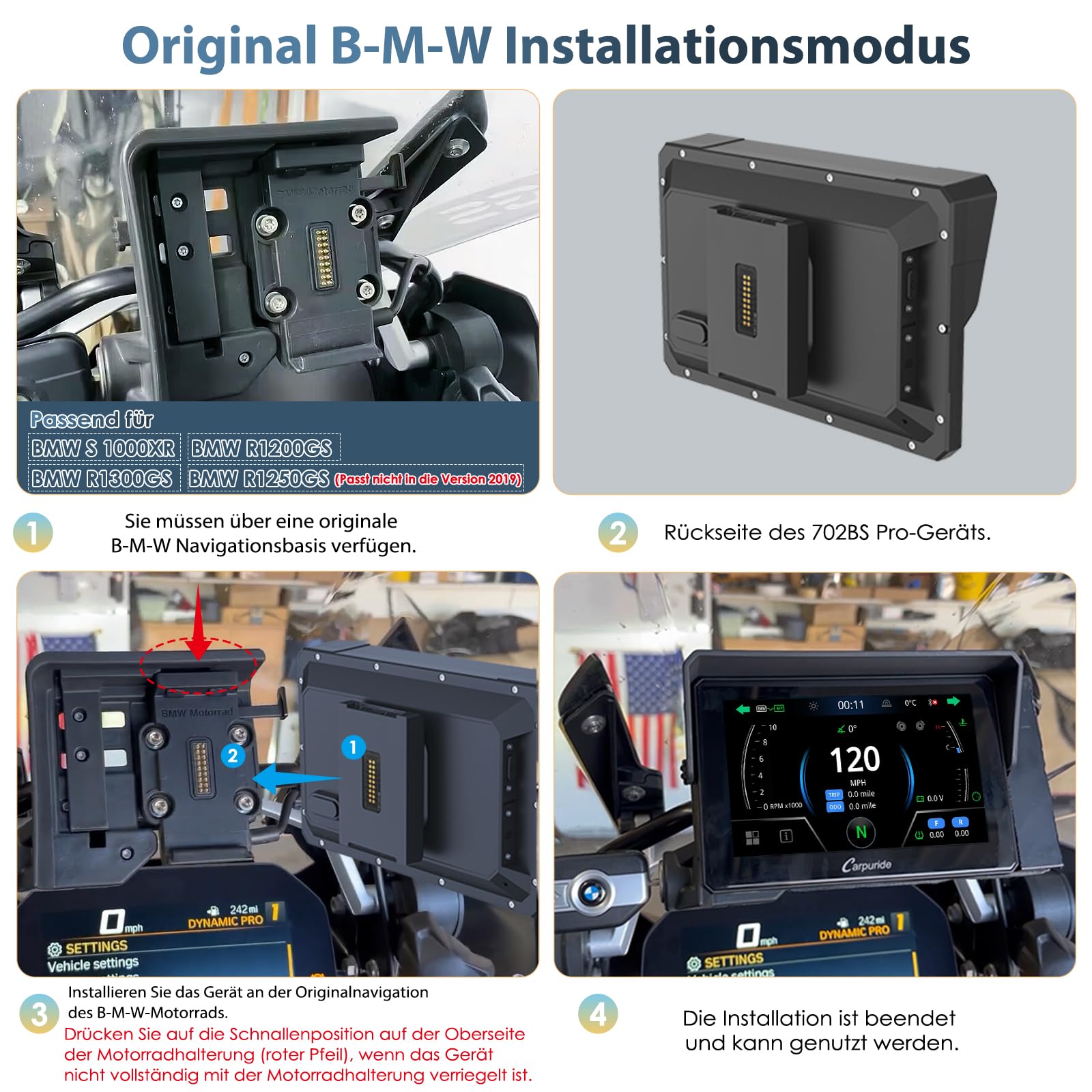 Carpuride W702BS Pro Motorrad Carplay Bildschirm mit Nativ Wonder Wheel für BMW Motorrad, Kabelloses CarPlay & Android Auto, 7" Wasserdichter Touchscreen, Dual Bluetooth, Gegensprech, Datenauslesung.