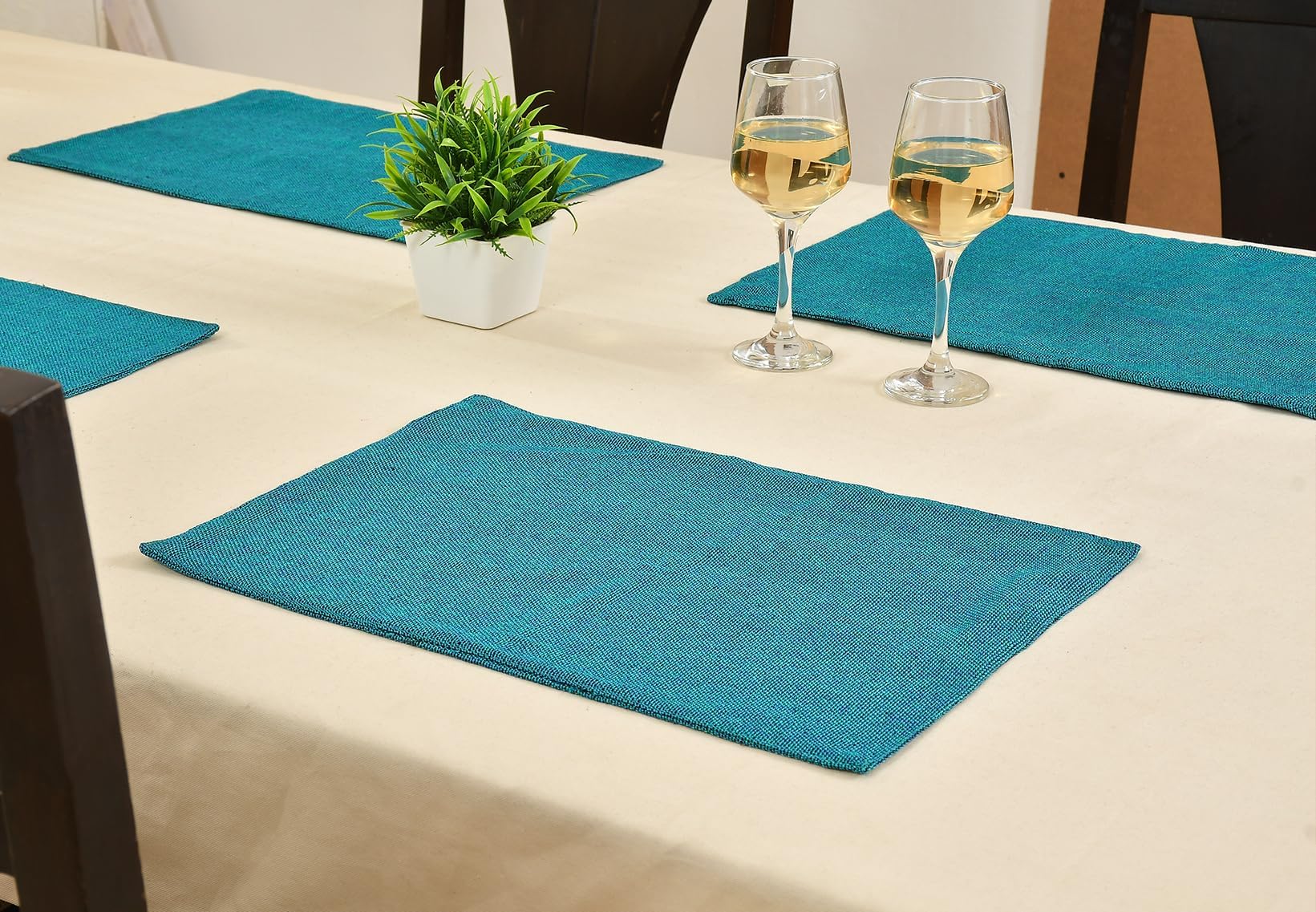 Jute Texture Table Mats/Placemat 6 Pieces (Color Blue, 32 X 47 CM)