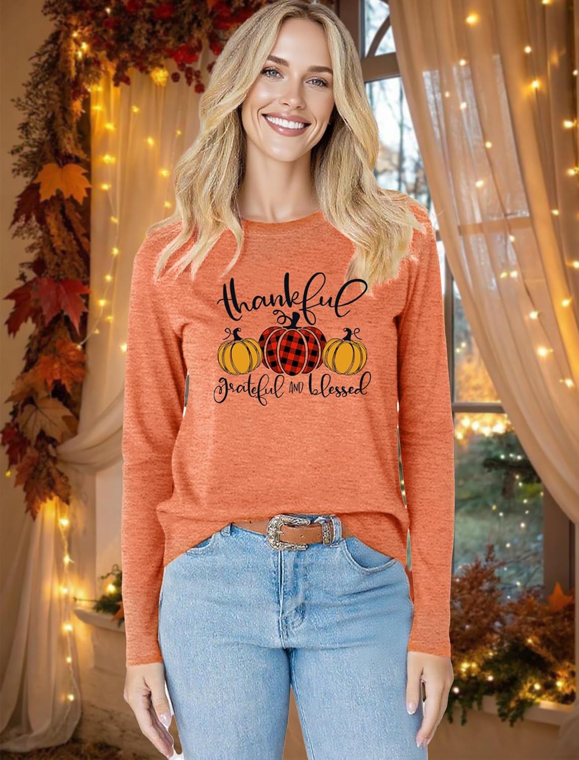 Thanksgiving Shirts for Women: Thankful Grateful Blessed Pumpkin T-Shirts Fall Long Sleeve Pullover Tops - Image 2