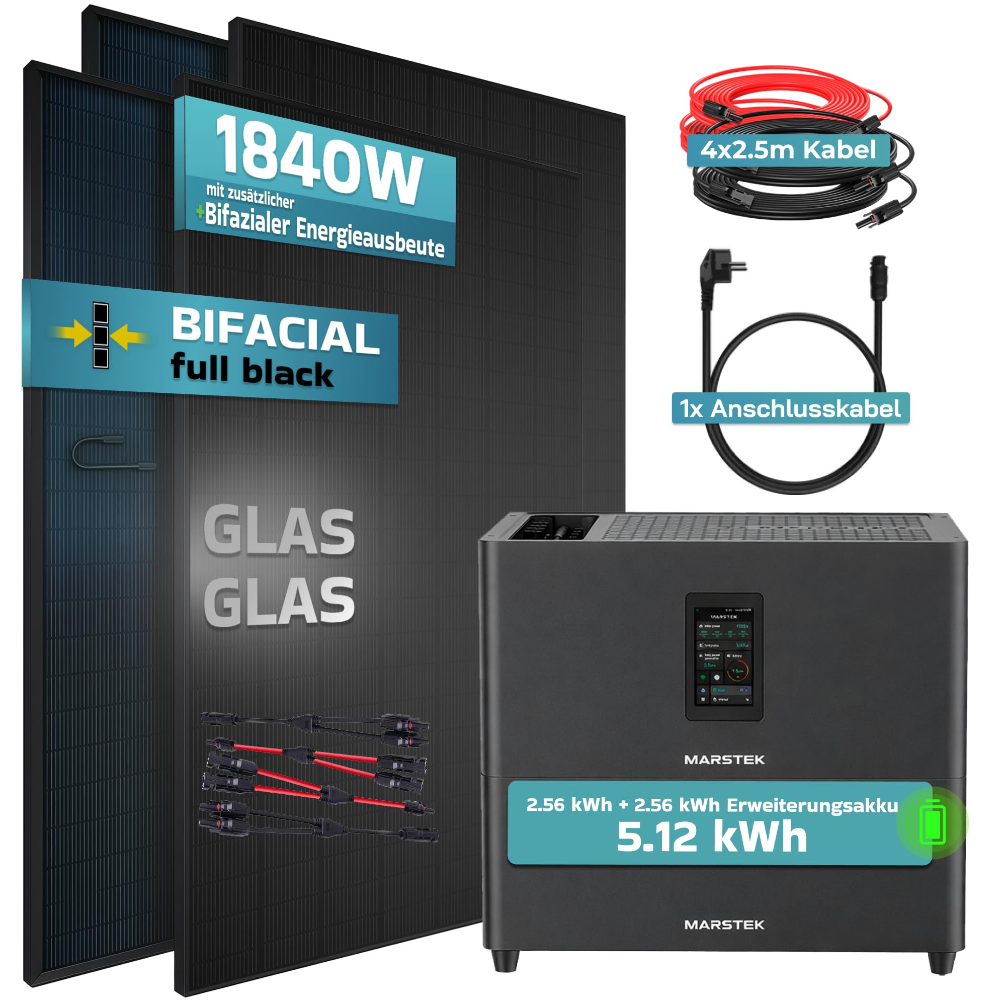 SUNNIVA® 1840W Balkonkraftwerk mit 5,12 kWh Speicher MARSTEK Jupiter C + Plus, BIFAZIAL FULLBLACK komplett Steckdose, PV Solaranlage Komplettset mit Solarspeicher, 4x 460W N-Type Glas-Glas Bifacial PV