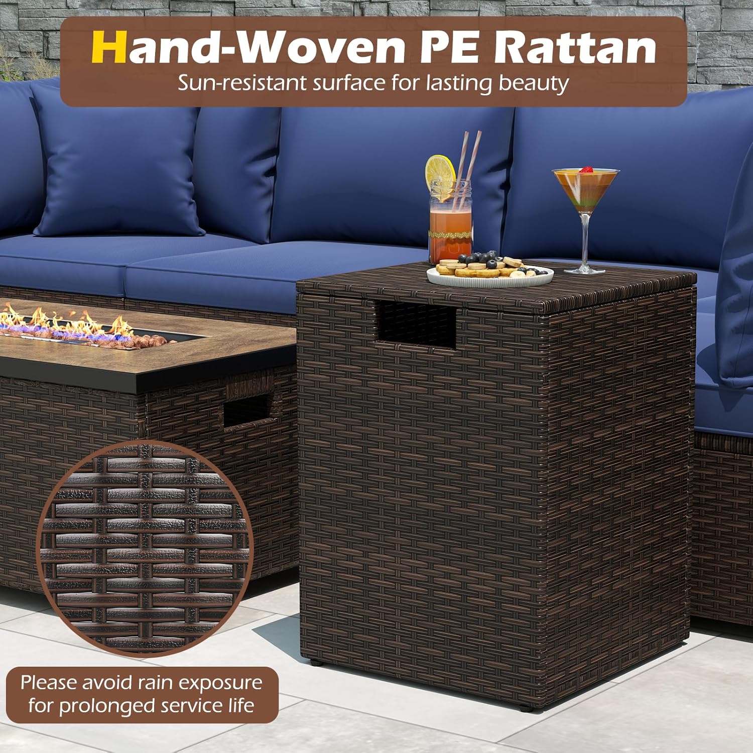 Tangkula Wicker Propane Tank Cover Table, 20 LB Gas Tank Holder Storage Box with Flip Lid & Adjustable Foot Pads, 16" Outdoor Rattan Hideaway Table for Gas Fire Pit, Grill, Griddle & Stove (Brown)