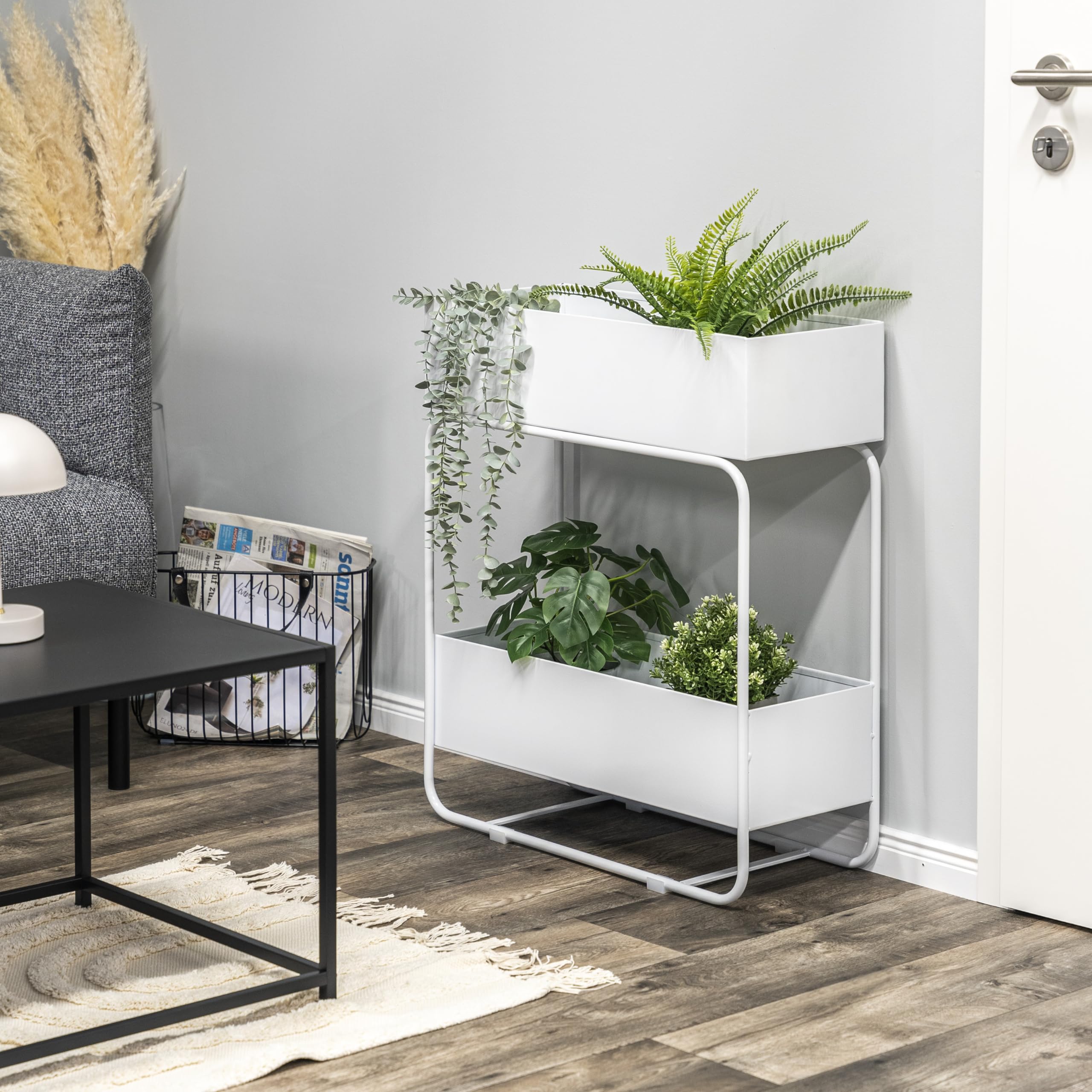 eluno Pflanzenständer, Blumenständer mit 2 Ablagen, Bücherregal, stilvolles Multifunktionsregal aus Metall ca. 60 x 25 x 71 (B/T/H) (Weiß)