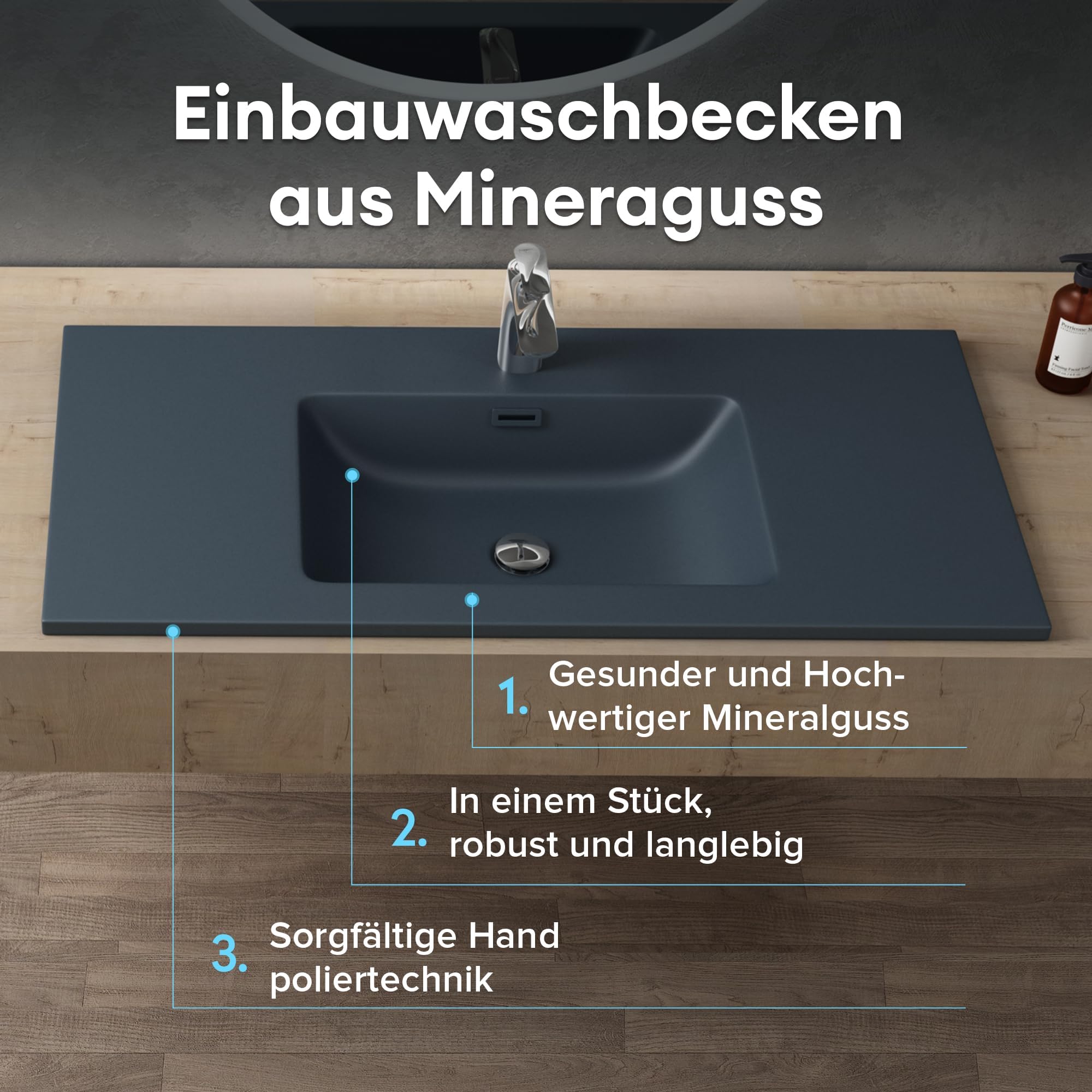 doporro Waschbecken mineralguss Einbauwaschbecken mineralguss 60x48x14 cm anthrazit matt Einbauwaschtisch mit Überlauf Waschtisch Handwaschbecken Col02