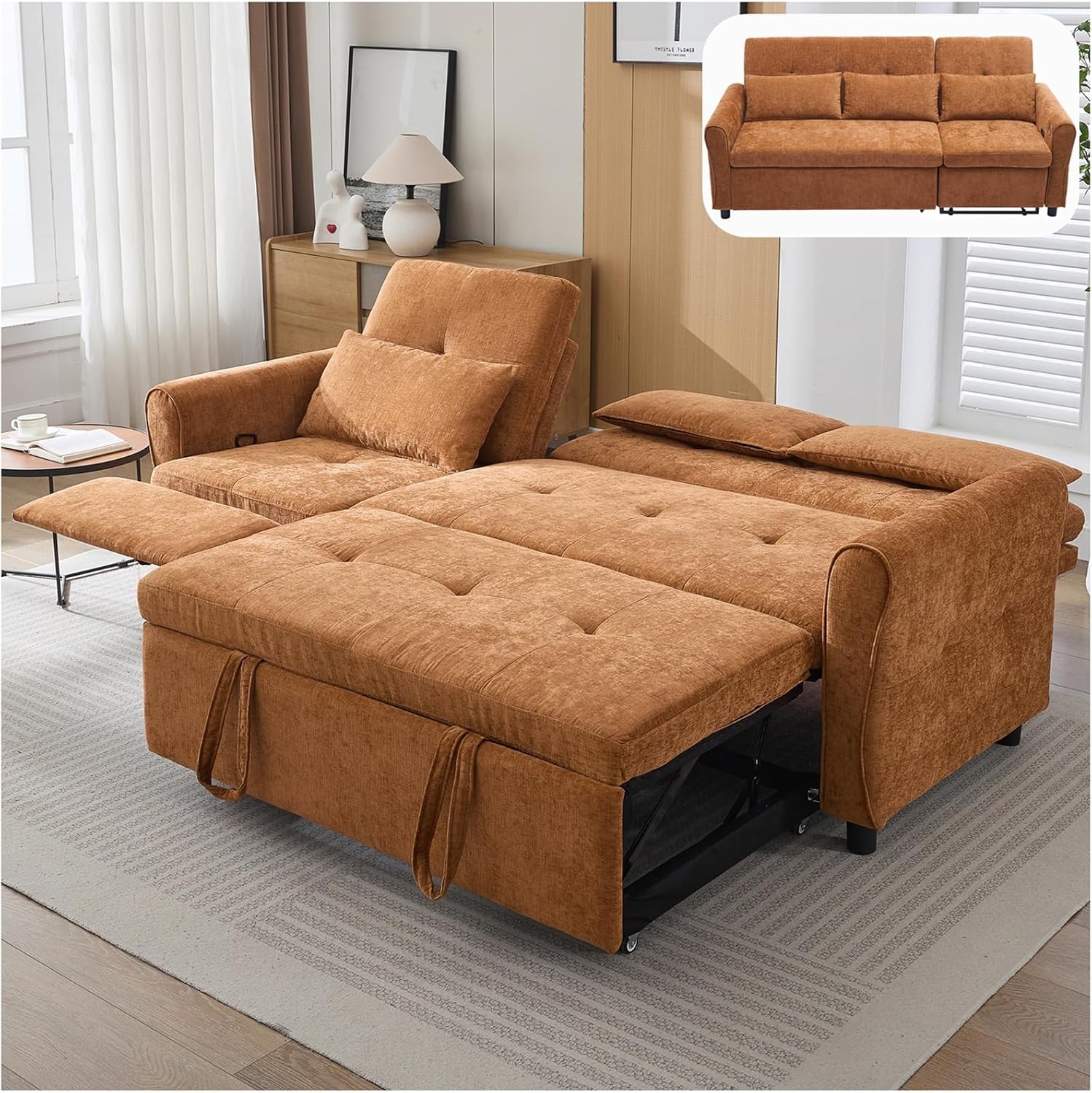 Convertible Sofa Bed, 2 in 1 Sleeper Couch with Pull Out Bed and Reversible Recliner, Comfy Chenille Couch with 3 Pillows & Adjustable Backrest & USB Ports for Living Room, Brown