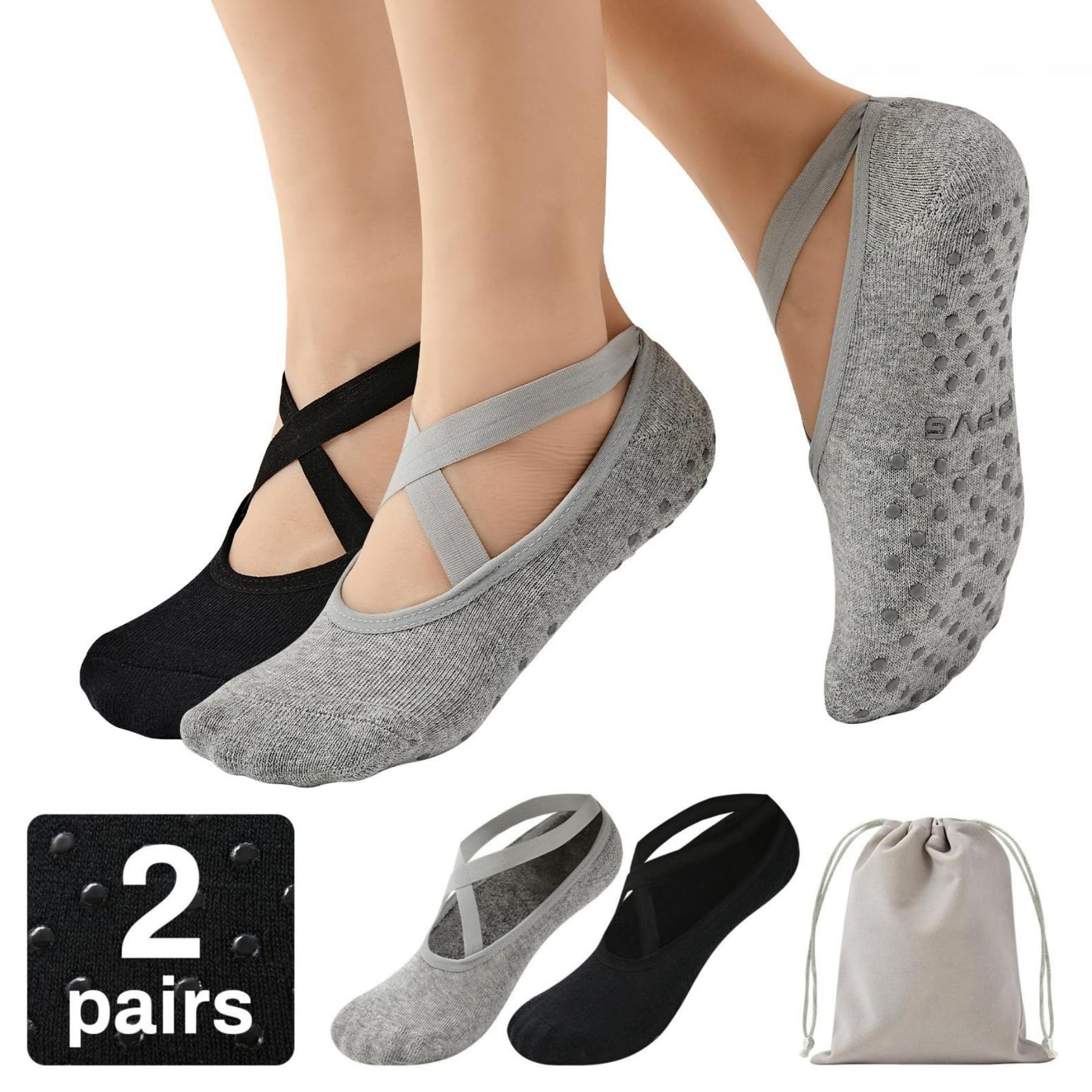 PPVGPilates Socks with Grips and Straps for Women, Non Slip Grip Yoga Socks, Anti-skidding Yoga Slipper, also Ideal for Dance, Barre, Ballet, Barefoot Exercises, Home