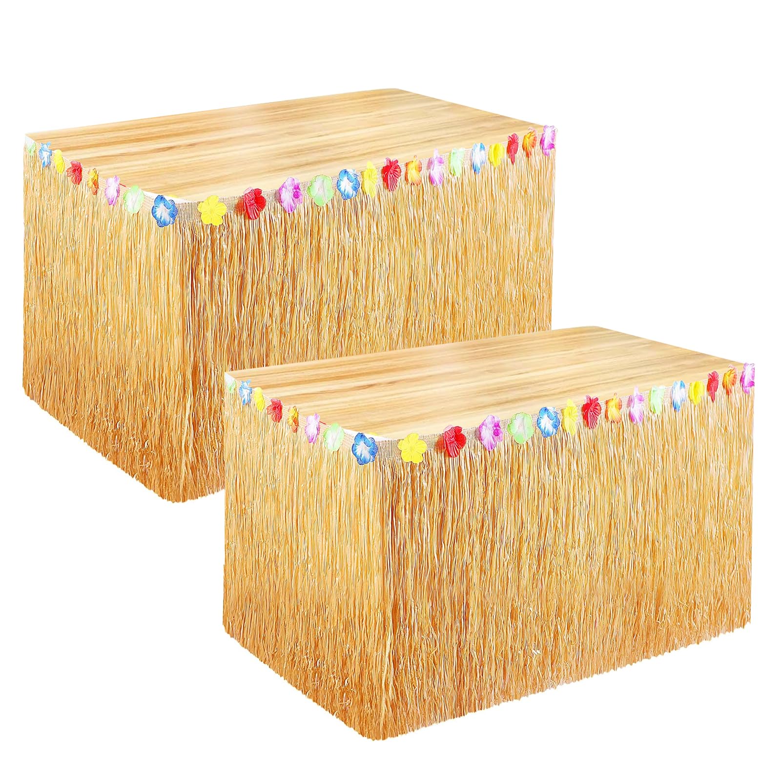 2 Stück Hawaii Tischrock 275cm - Tropische Grasdeko Mit Blumen Für Gartenparty & Sommerfest