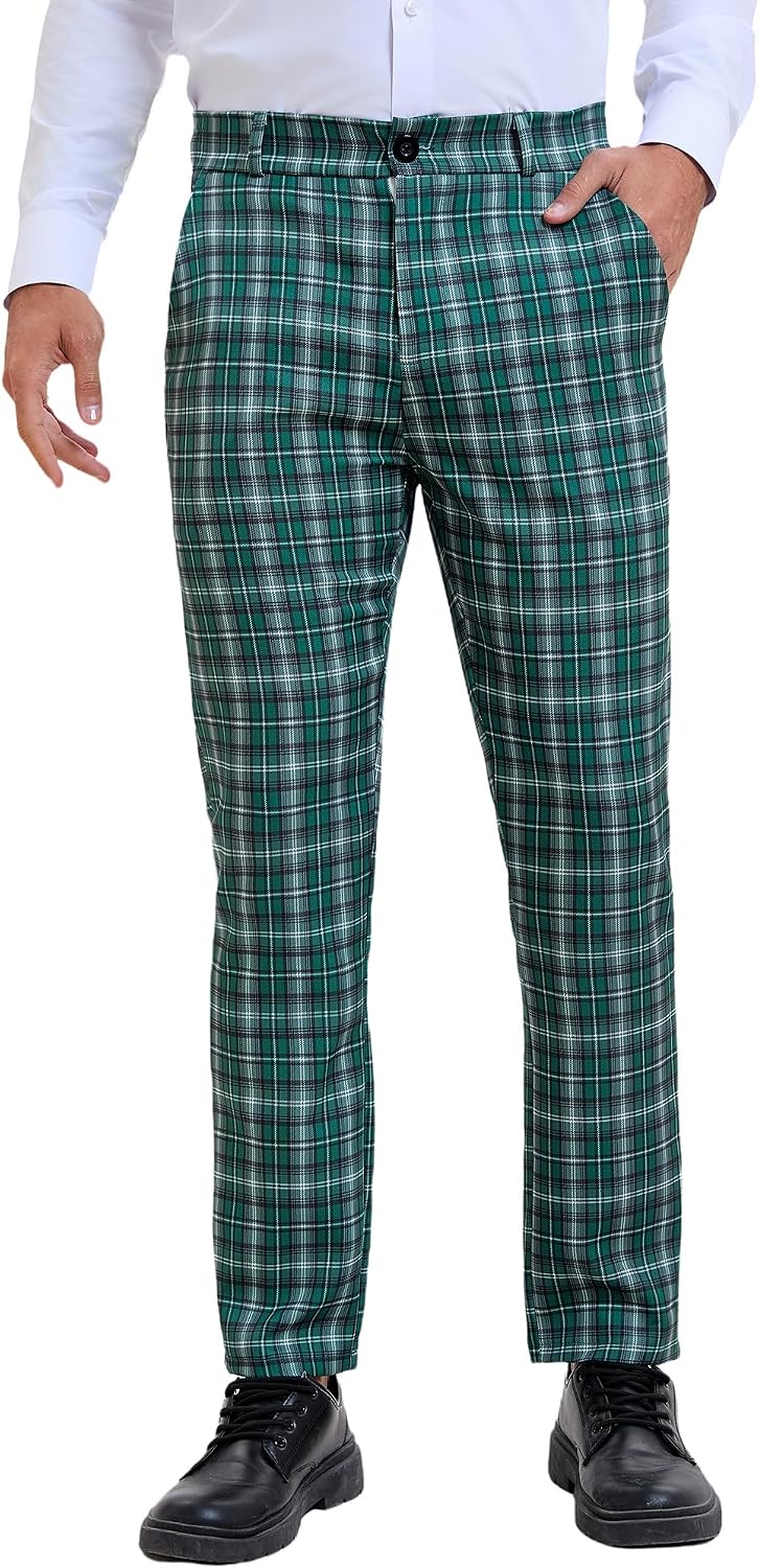 Lars Amadeus Men's Dress Plaid Pants Casual Regular Fit Flat Front Stretch Checked Trousers