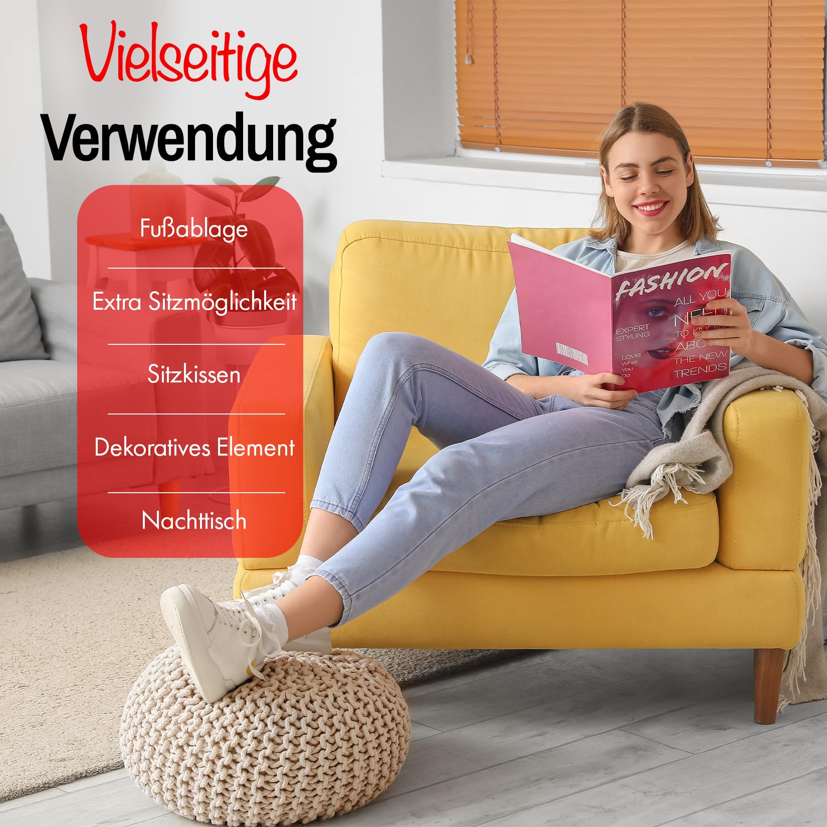 handgefertigter Strickhocker Ø 55cm o. Ø 45cm I Sitzpouf Sitzpuff Bodenkissen Sessel Kissen Sitzhocker Sitzsack - mit eleganter Grobstrick-Optik - Dekoration Interieur (Taupe, Ø 55cm)