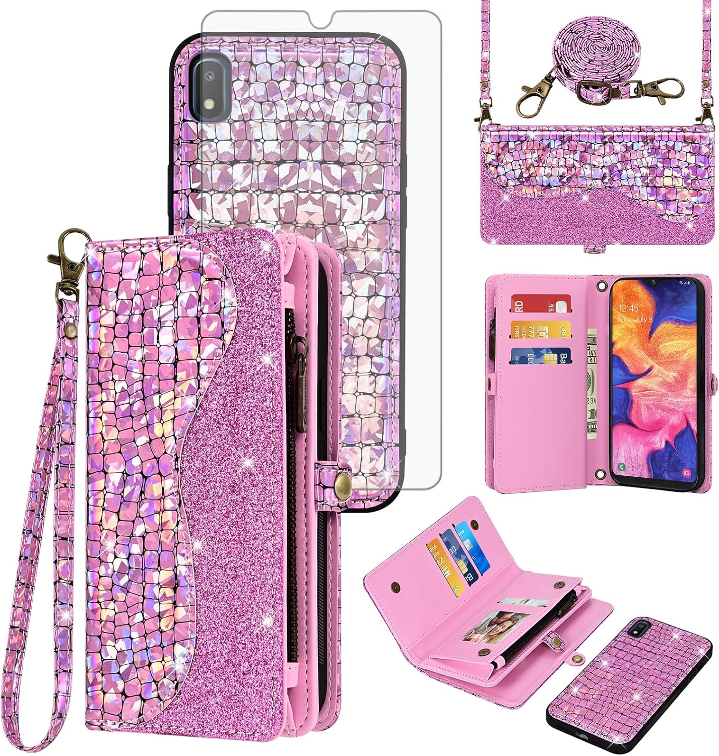 Asuwish Phone Case for Samsung Galaxy A10e Zipper Wallet Detachable with Tempered Glass Screen Protector Cover and Card Holder Slot Wrist Strap Flip Cell Accessories A 10e 10ae S102DL Women Men Pink