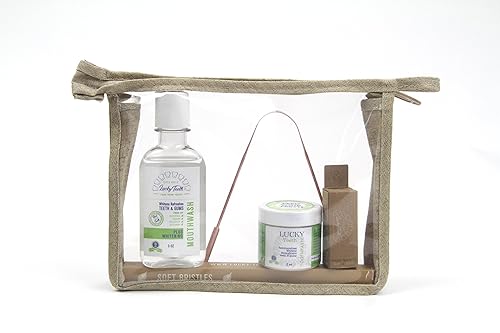 Miniatura 2 de Lucky Teeth Kit de viaje para cuidado bucal esencial en una bolsa de cáñamo pasta de dientes remineralizante orgánica, enjuague bucal de peróxido,