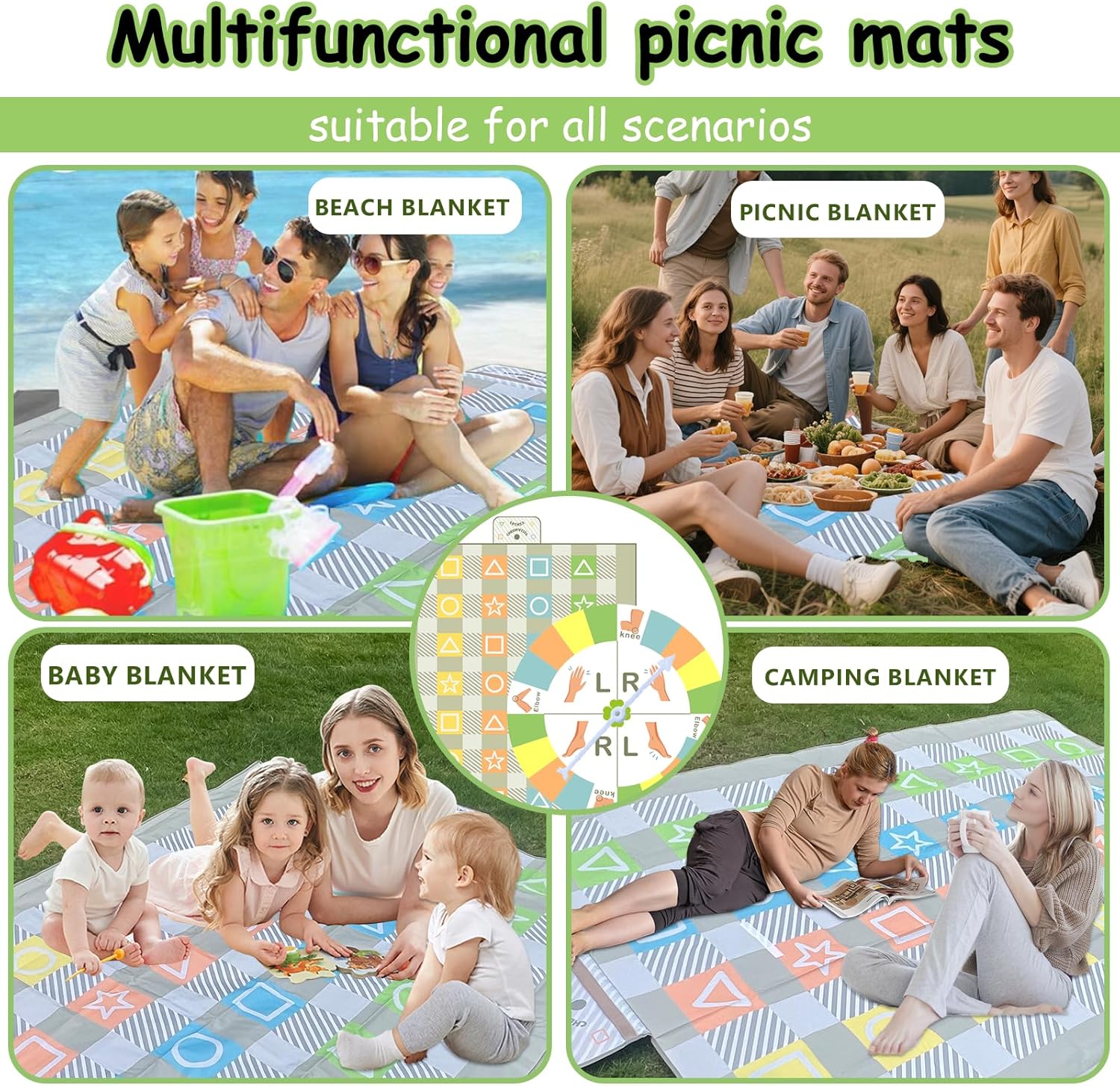Giant 80x60 Inch Waterproof Picnic Blanket with Twister-Spinner Game Function | Extra Large Outdoor Beach Blanket, Camping Mat for Family, Backyard Games, Tailgating, Parks