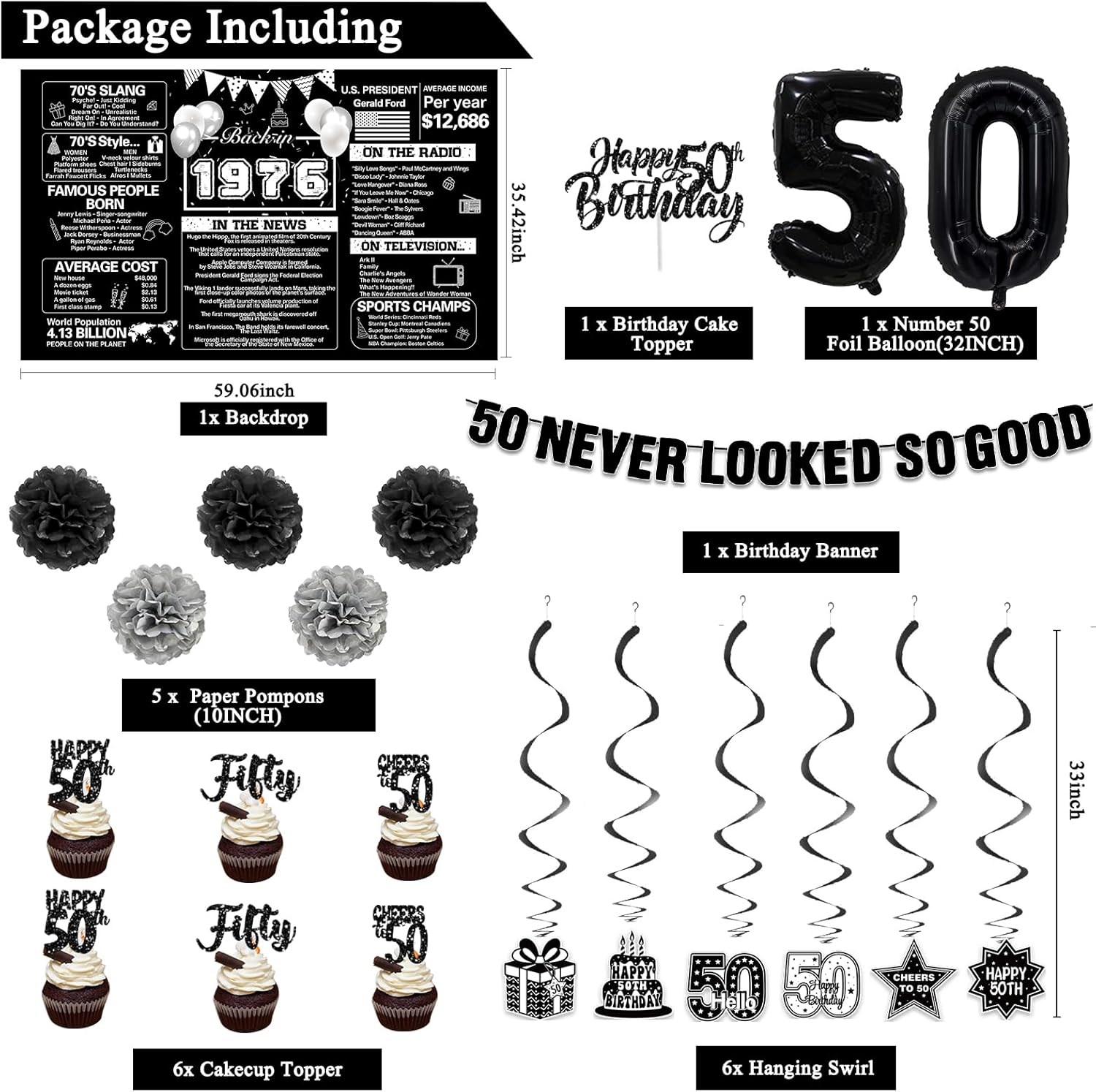 Crenics Black 50th Birthday Decorations for Men Women - Back in 1976 Backdrop, Banner, Paper Pom Poms, Hanging Swirls, Cake Topper and Balloons for 50 Birthday Party Supplies