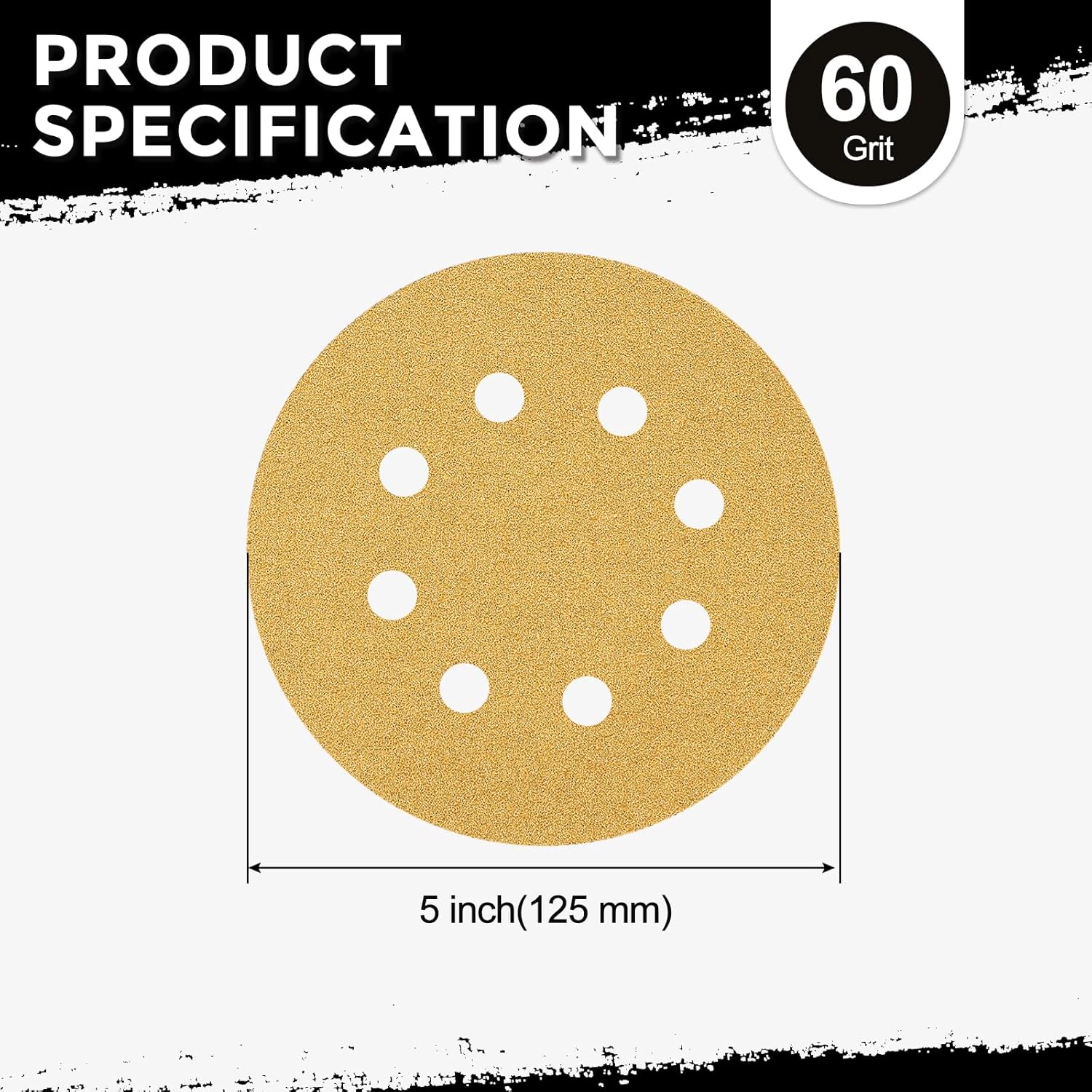 100 Pcs Sanding Disc 5 Inch 60 Grit 8 Hole Hook and Loop Random Orbital Sandpapers Suitable for Drywall Sander Wood Metal Furniture, Yellow