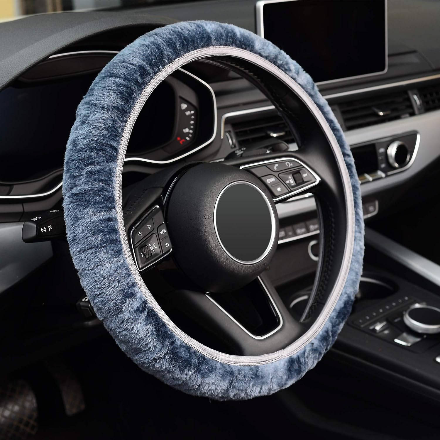 KAFEEK Elastic Long Microfiber Plush Steering Wheel Cover for Winter Warm, Universal 15 inch, Anti-Slip, Odorless, Gray
