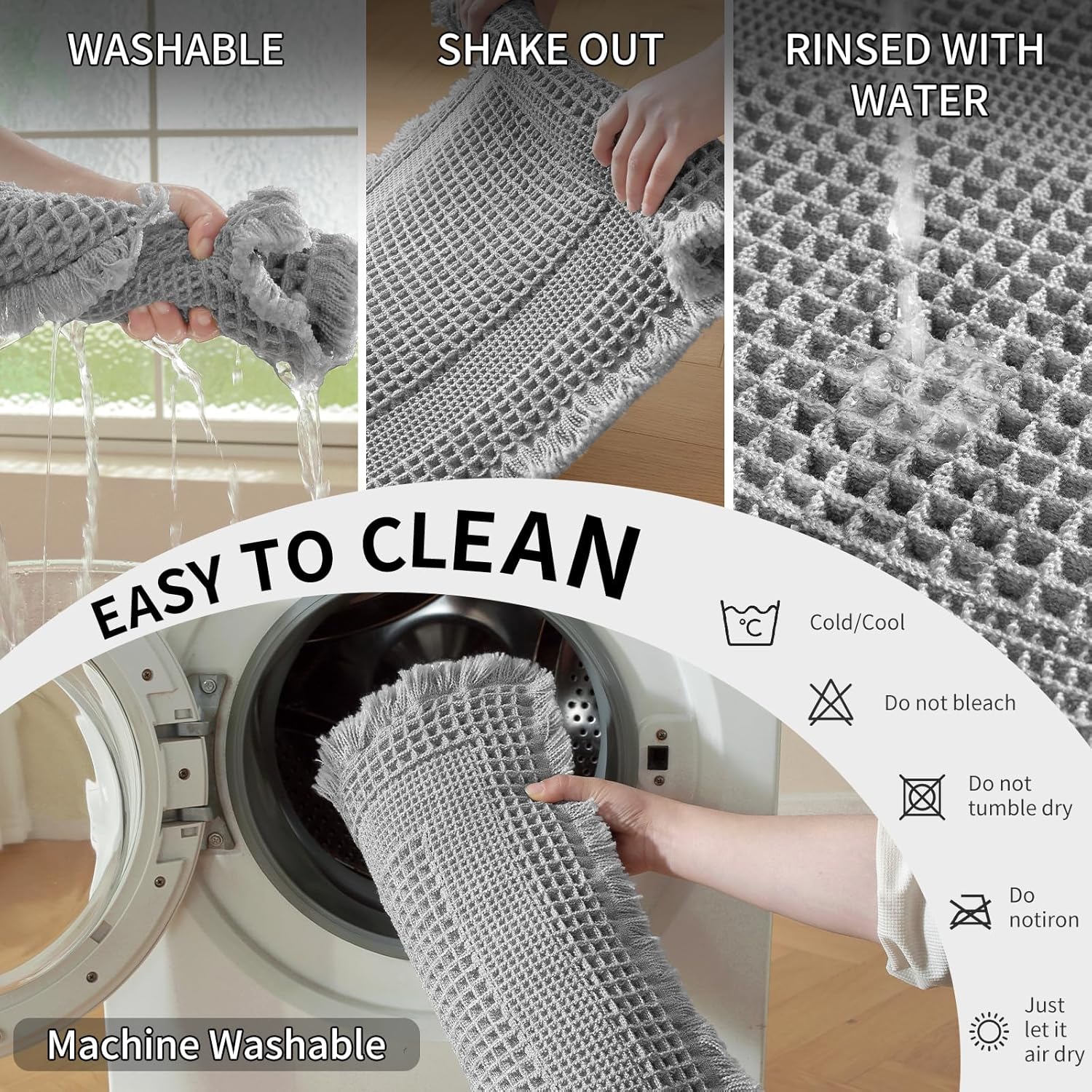 Waffle Bath Mat - Super Water Absorbing Bath Mat Quick Dry, Bathroom Rugs Non Slip Washable with Tassels, Rubber Backed Bathroom Mat for Bathroom Floor, Tub and Shower, 24" x 72", Light Grey