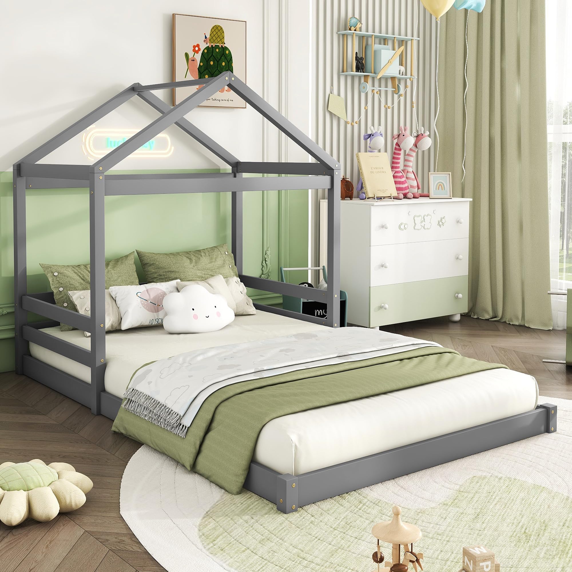 Kinderbett 140x200 cm, Bodenbett mit Hausform, Bettgestell mit Lattenrost | Ohne Matratze, Holzbett Bett für Kinder Jugendliche Kiefernholz+MDF Grau